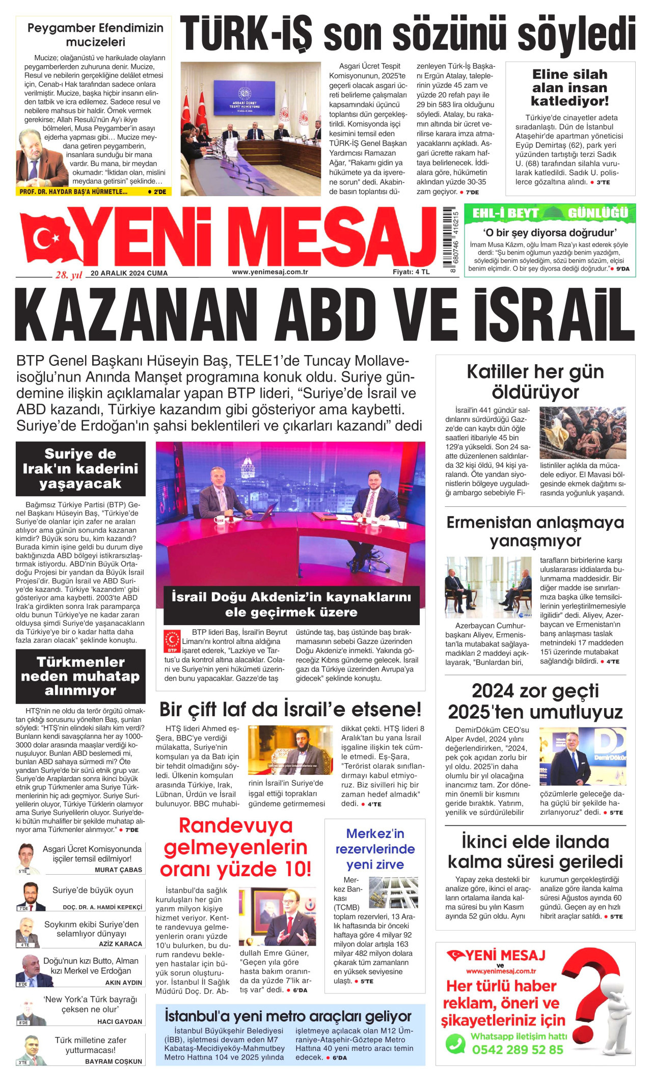 YENİ MESAJ gazetesinin 20 Aralık 2024 tarihli birinci sayfası