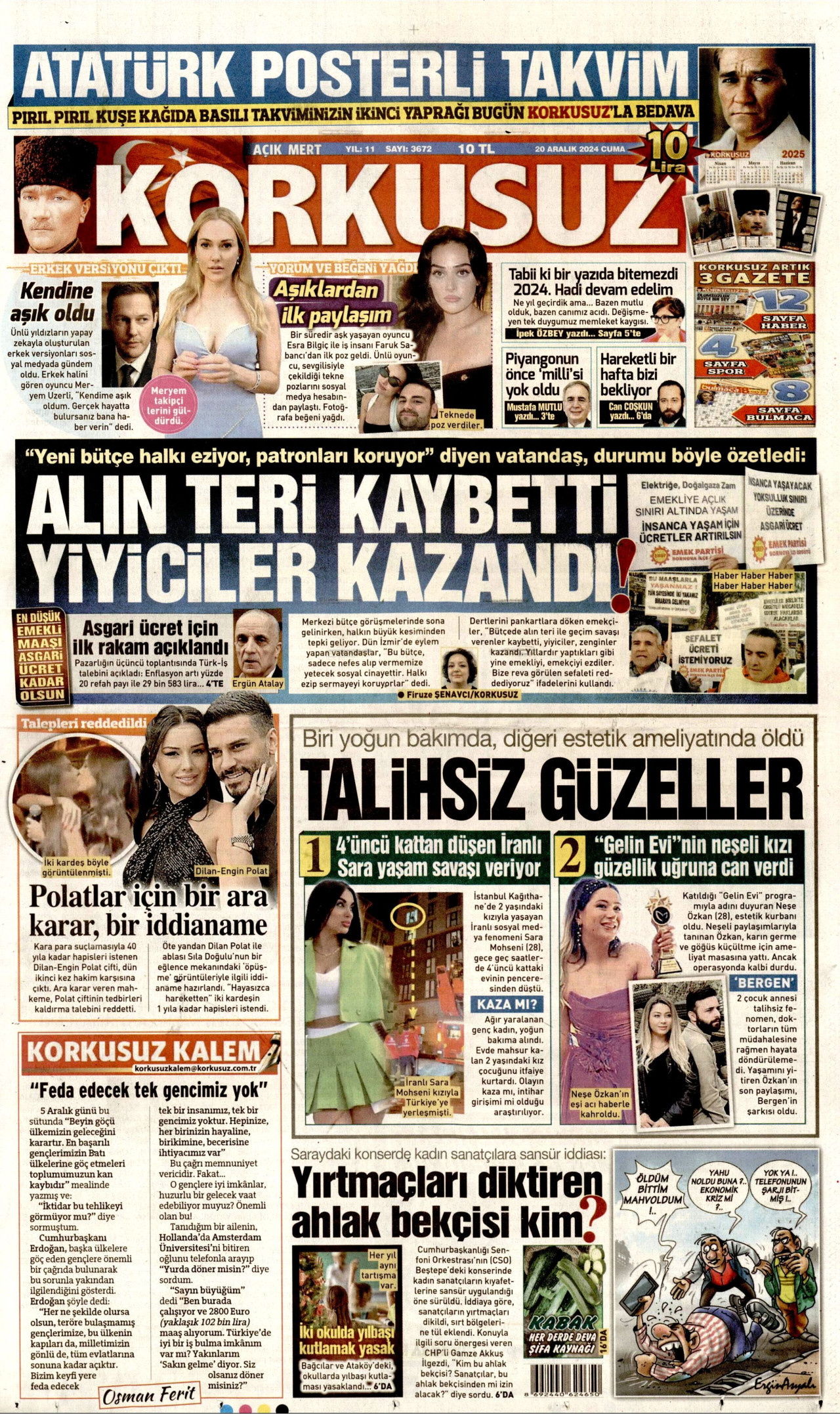 KORKUSUZ gazetesinin 20 Aralık 2024 tarihli birinci sayfası