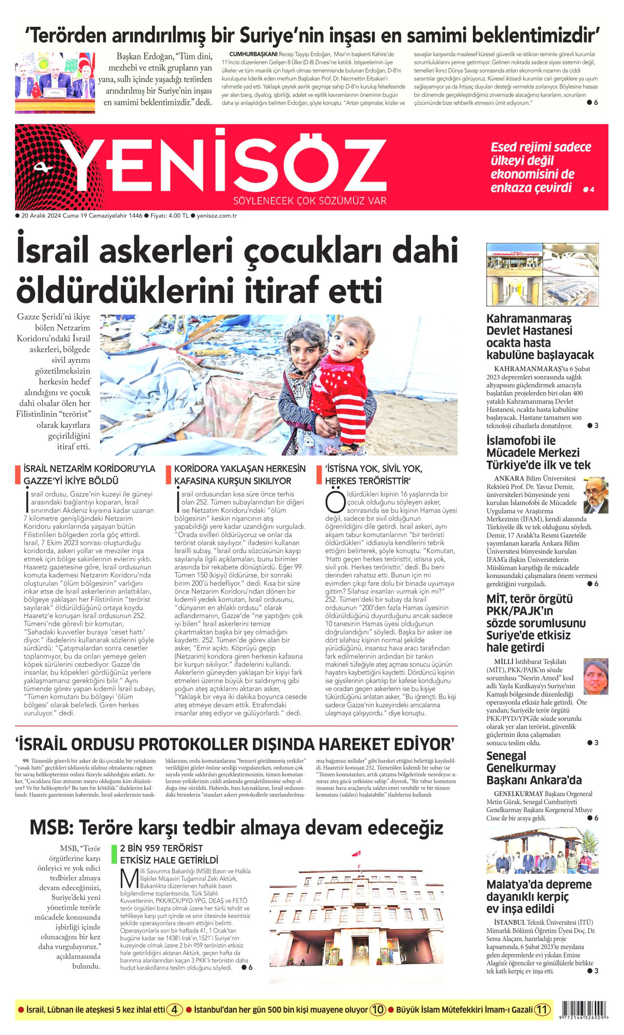 YENİ SÖZ GAZETESİ gazetesinin 20 Aralık 2024 tarihli birinci sayfası