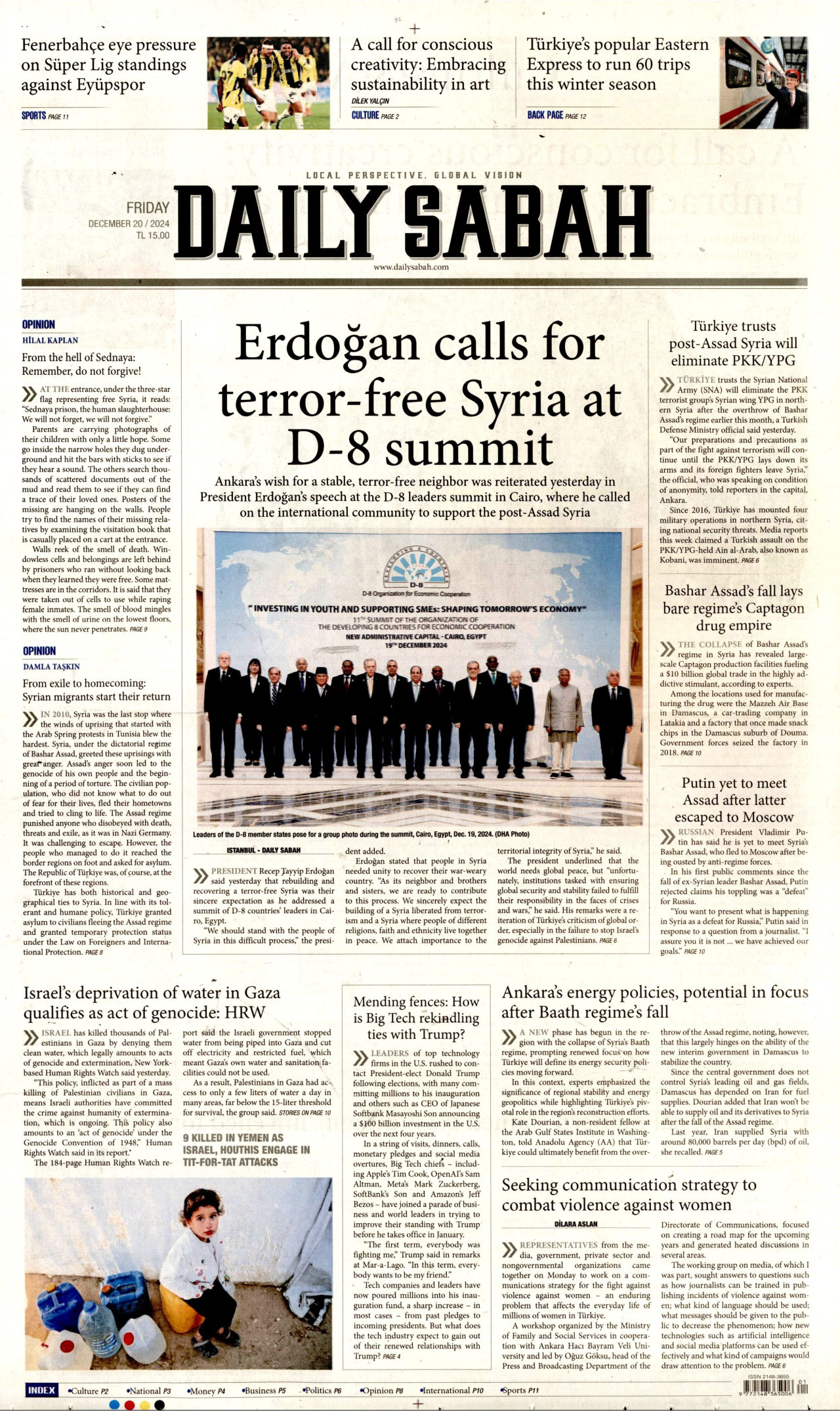 DAİLY SABAH gazetesinin 20 Aralık 2024 tarihli birinci sayfası