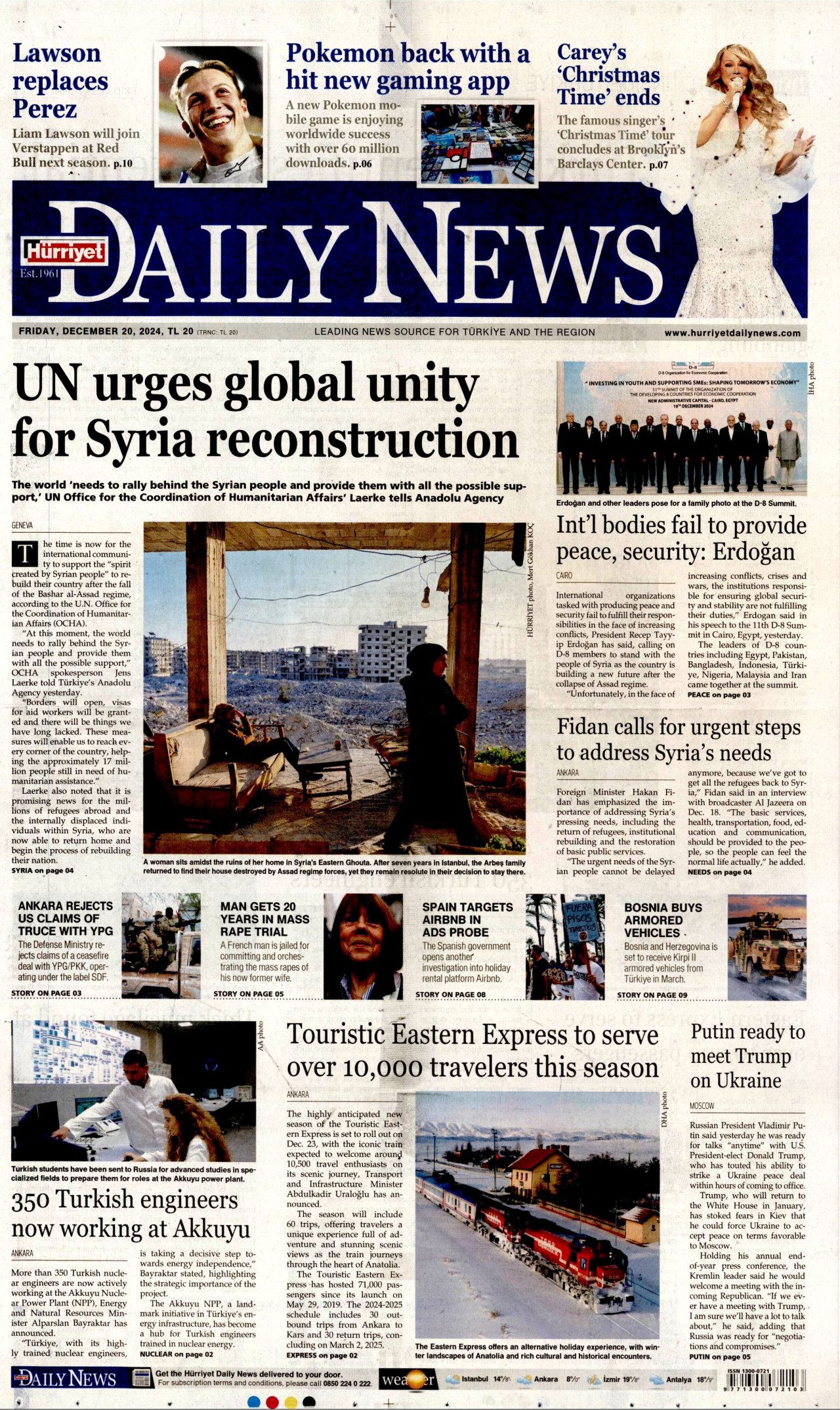 HÜRRİYET DAİLY NEWS gazetesinin 20 Aralık 2024 tarihli birinci sayfası
