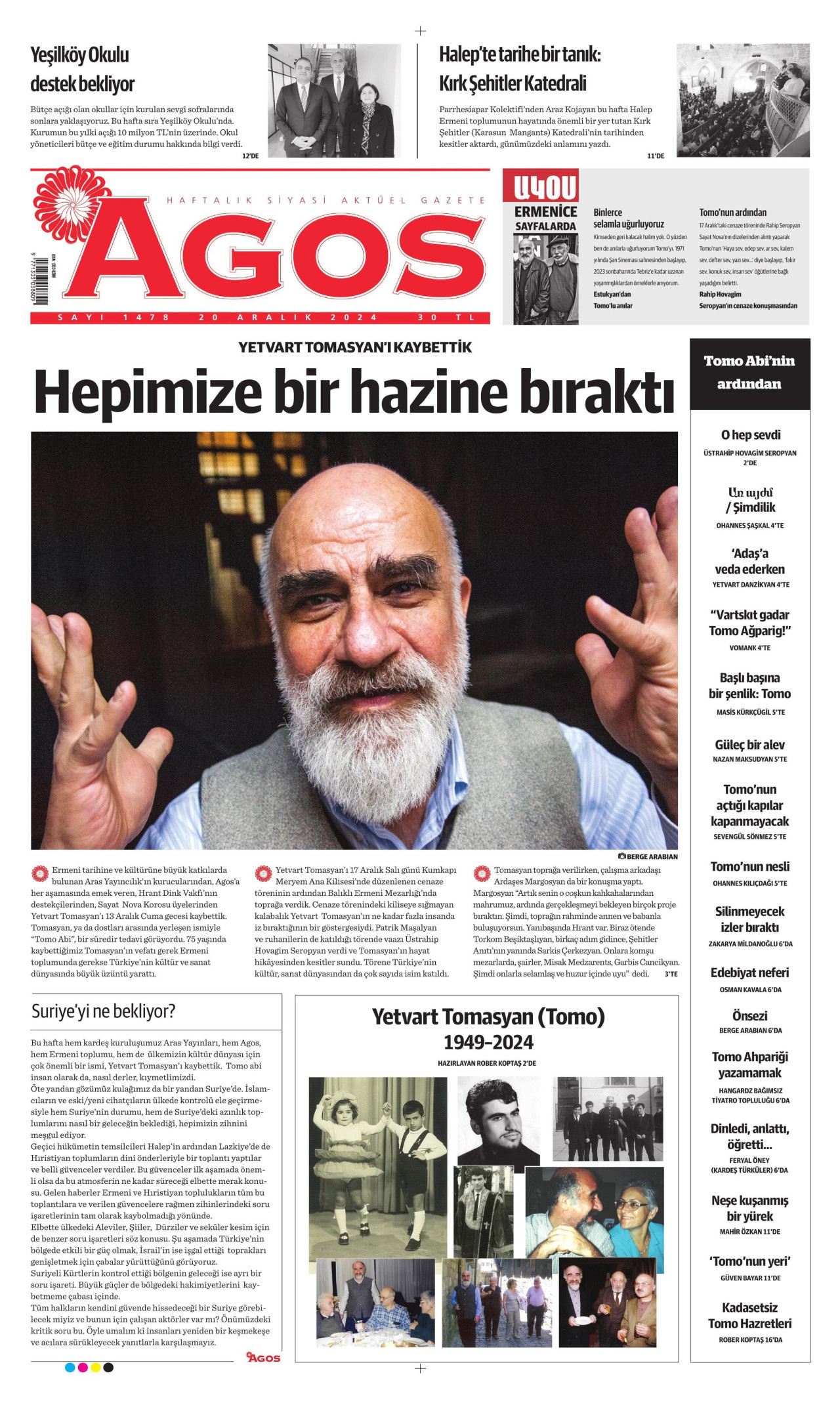 AGOS gazetesinin 20 Aralık 2024 tarihli birinci sayfası