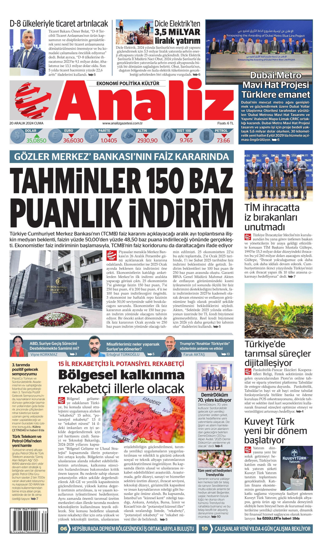ANALİZ gazetesinin 20 Aralık 2024 tarihli birinci sayfası