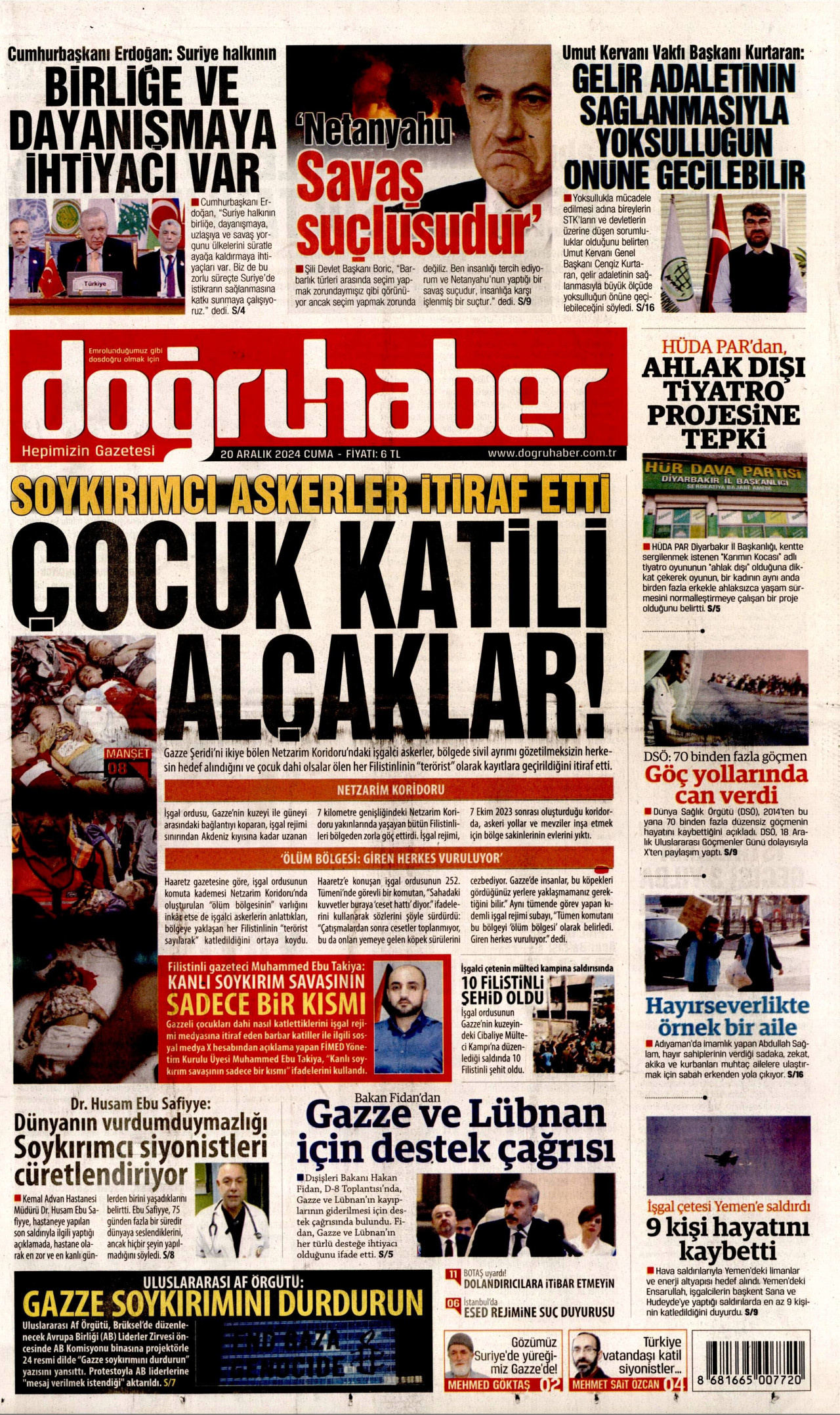 DOĞRU HABER gazetesinin 20 Aralık 2024 tarihli birinci sayfası