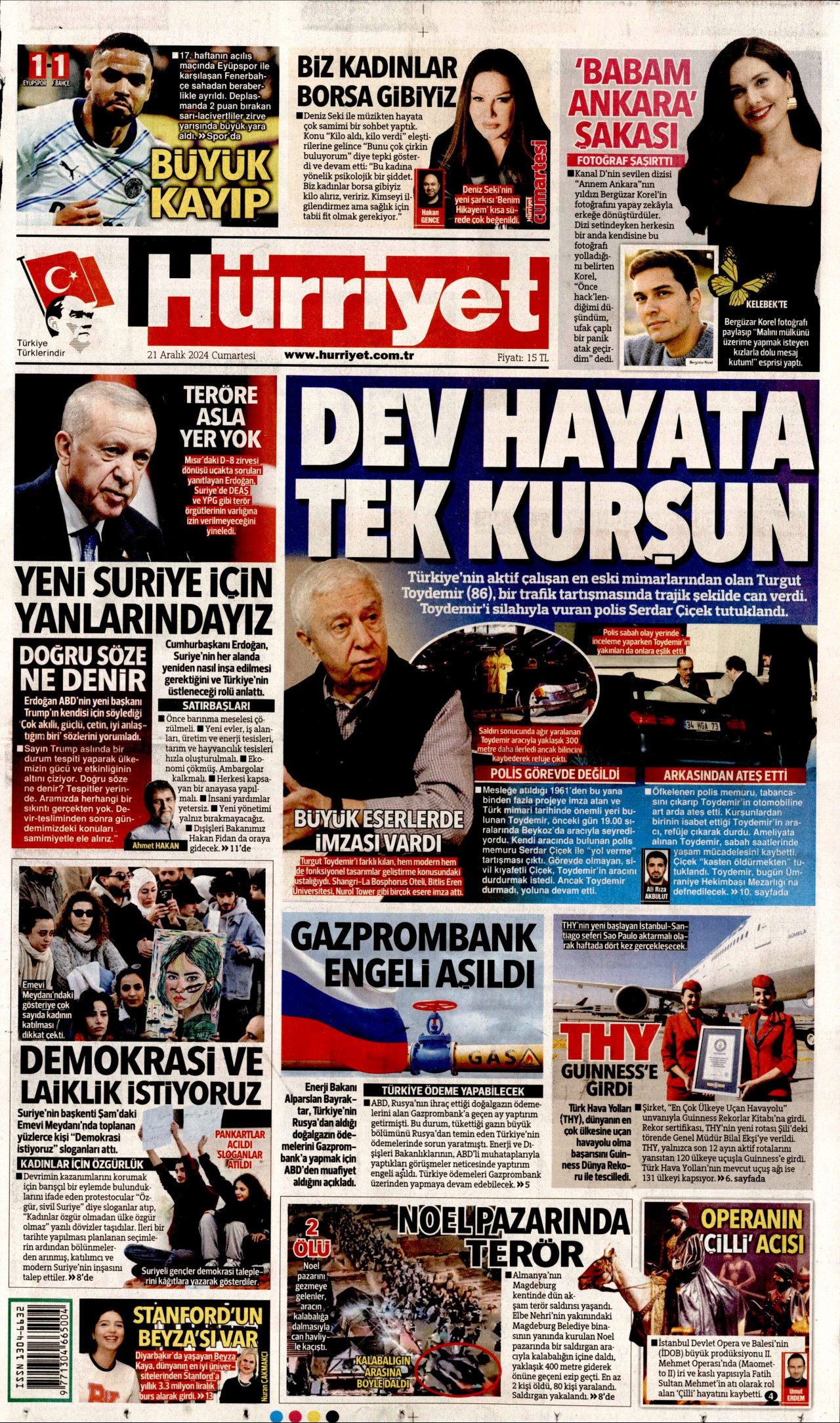 HÜRRİYET gazetesinin 21 Aralık 2024 tarihli birinci sayfası
