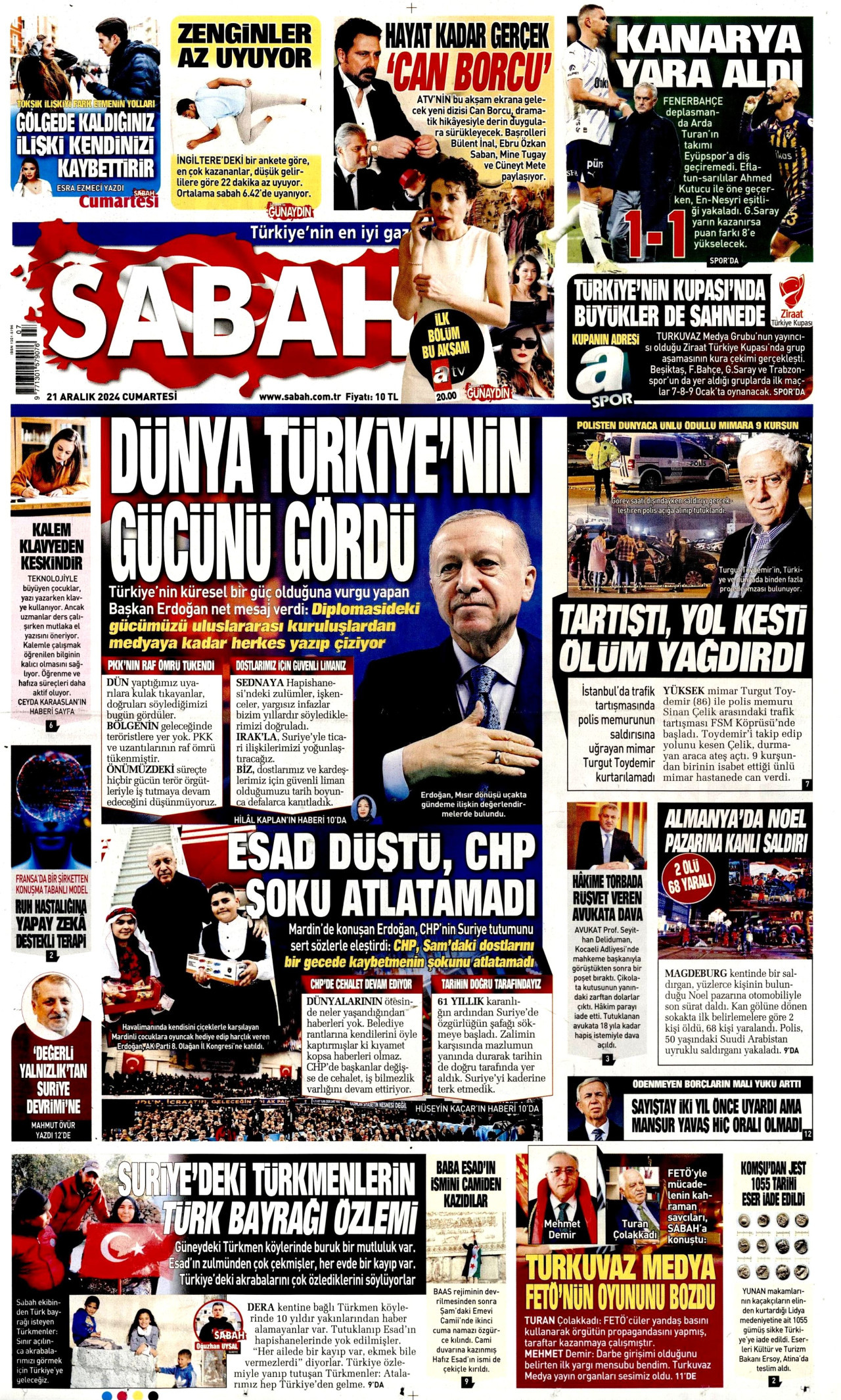 SABAH gazetesinin 21 Aralık 2024 tarihli birinci sayfası