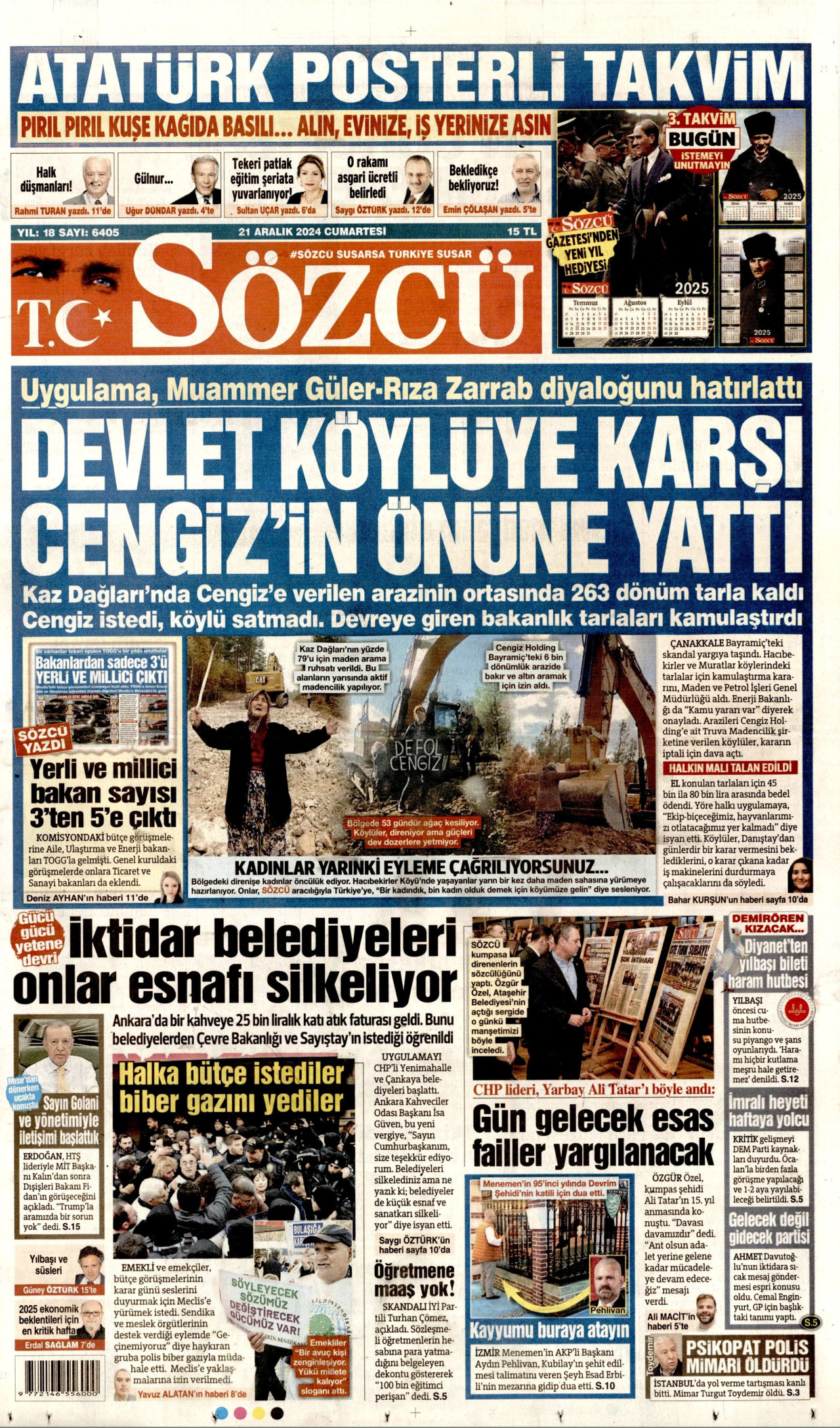 SÖZCÜ gazetesinin 21 Aralık 2024 tarihli birinci sayfası