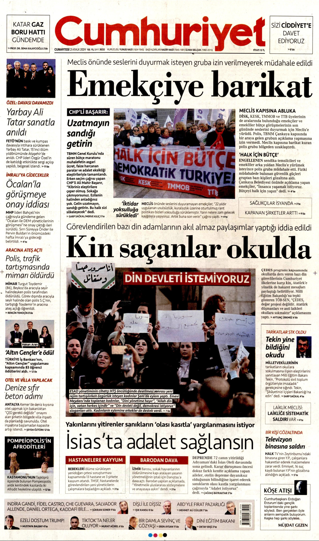CUMHURİYET gazetesinin 21 Aralık 2024 tarihli birinci sayfası