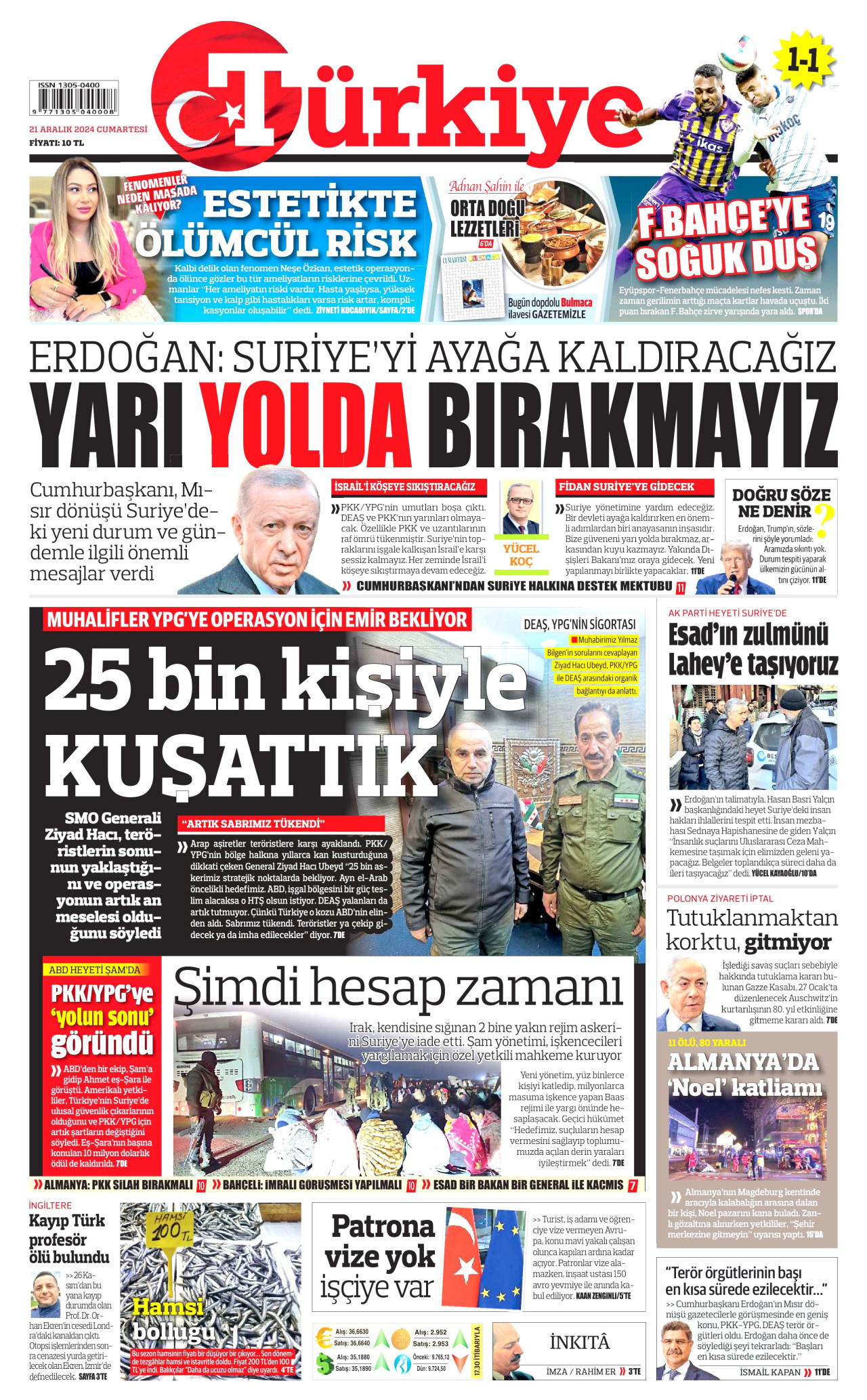 TÜRKİYE GAZETESİ gazetesinin 21 Aralık 2024 tarihli birinci sayfası