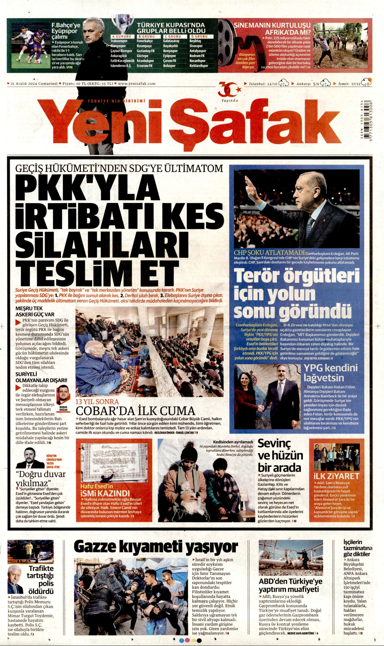 YENİ ŞAFAK gazetesinin 21 Aralık 2024 tarihli birinci sayfası