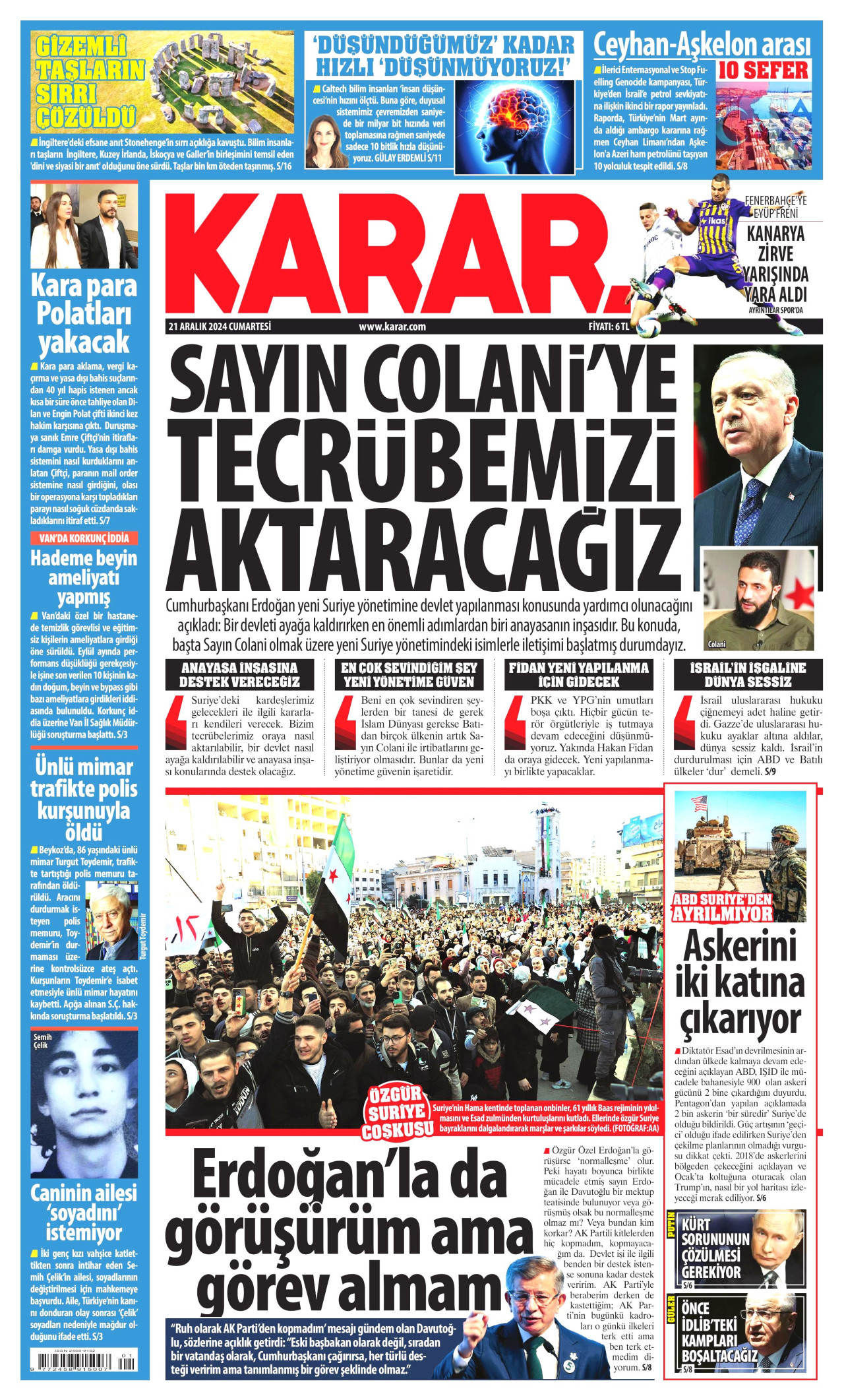 KARAR gazetesinin 21 Aralık 2024 tarihli birinci sayfası