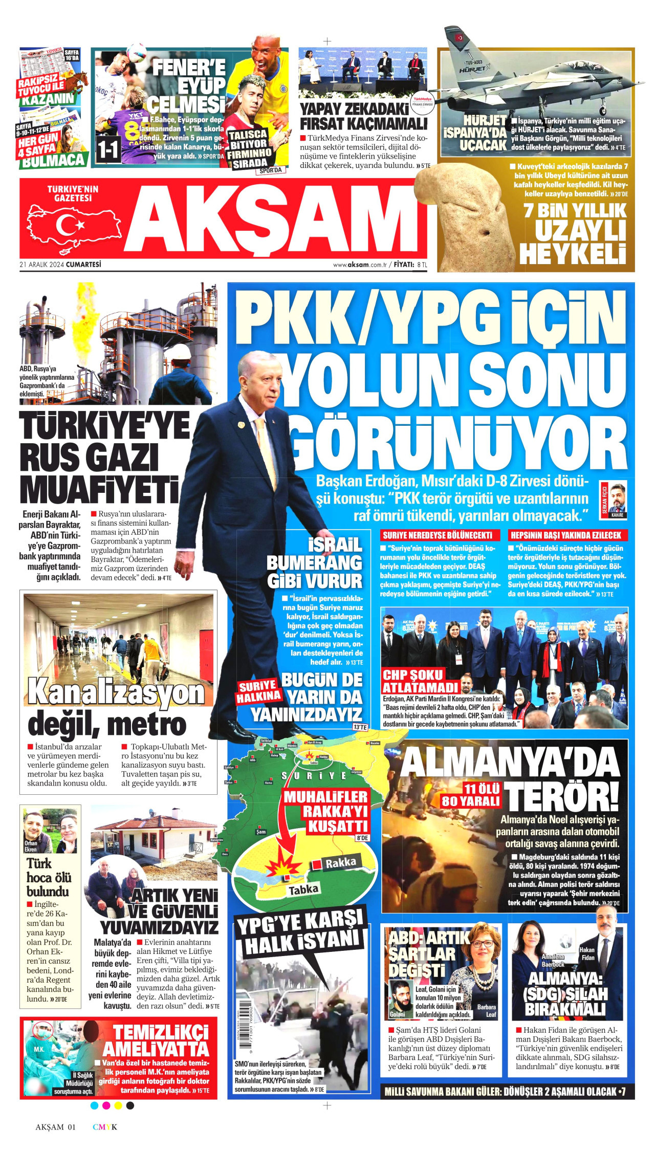 AKŞAM gazetesinin 21 Aralık 2024 tarihli birinci sayfası