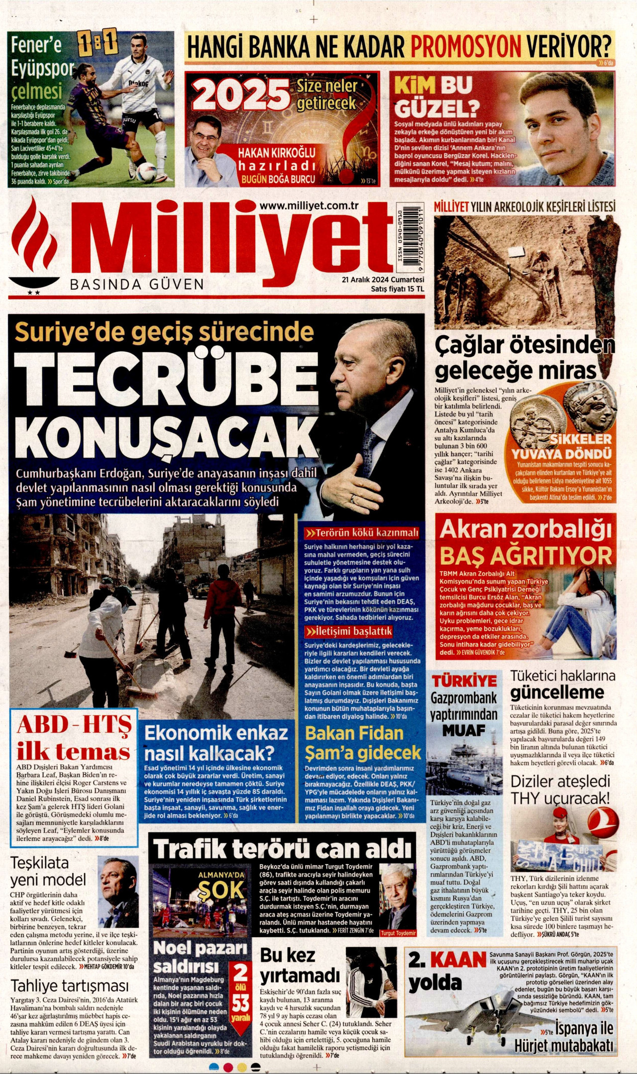 MİLLİYET gazetesinin 21 Aralık 2024 tarihli birinci sayfası