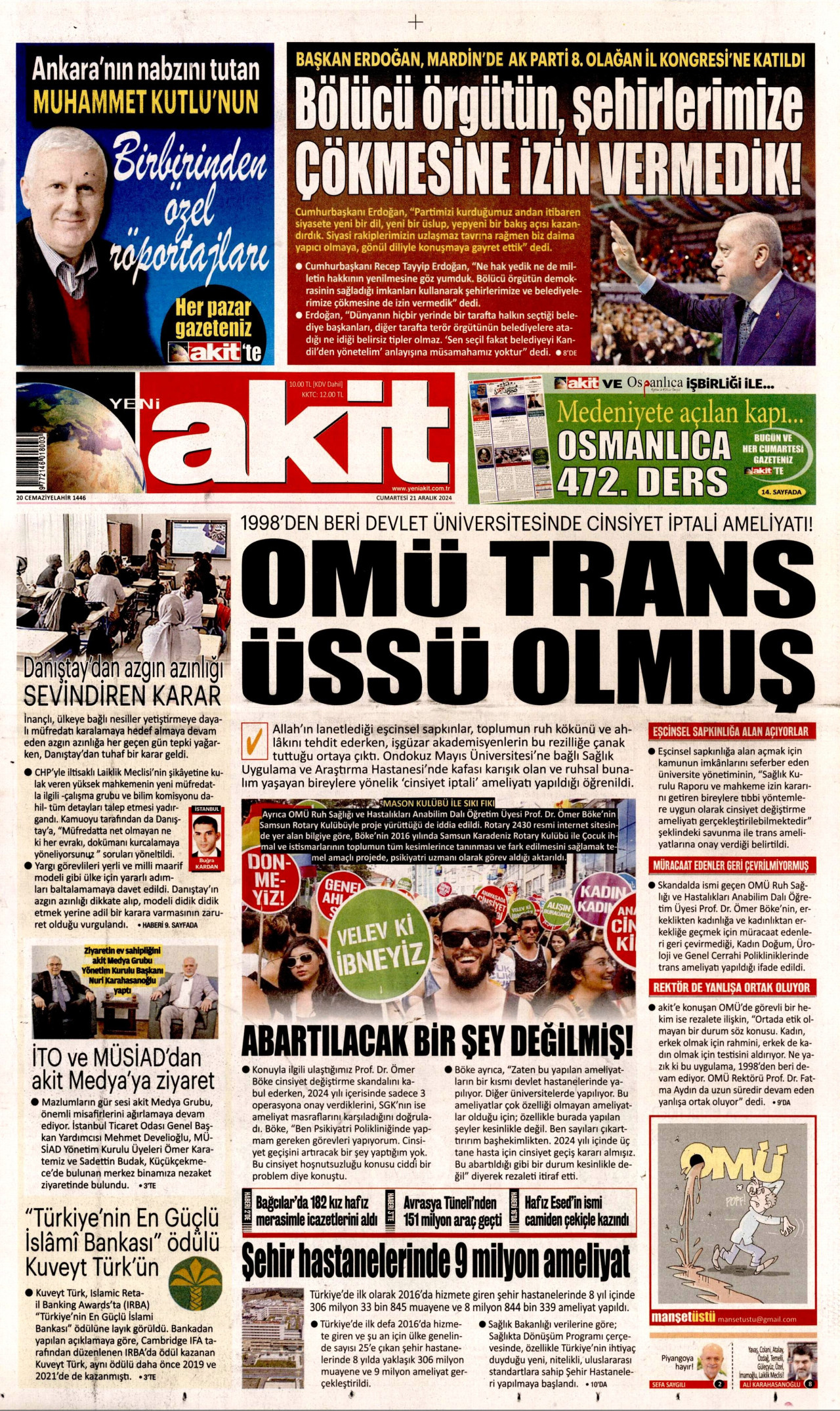 YENİ AKİT gazetesinin 21 Aralık 2024 tarihli birinci sayfası