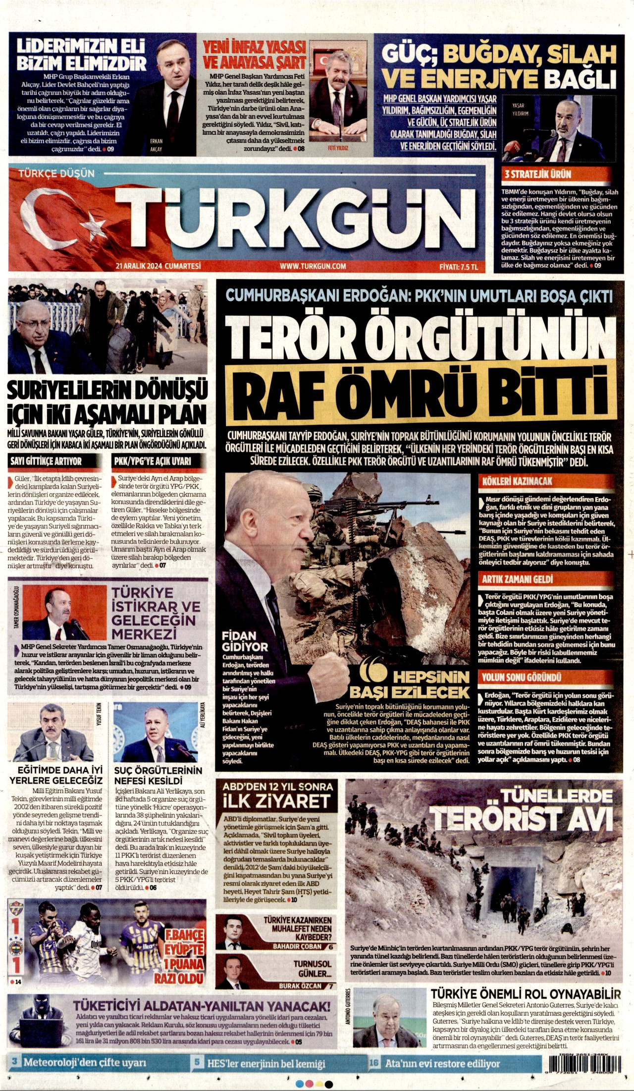 TÜRKGÜN gazetesinin 21 Aralık 2024 tarihli birinci sayfası