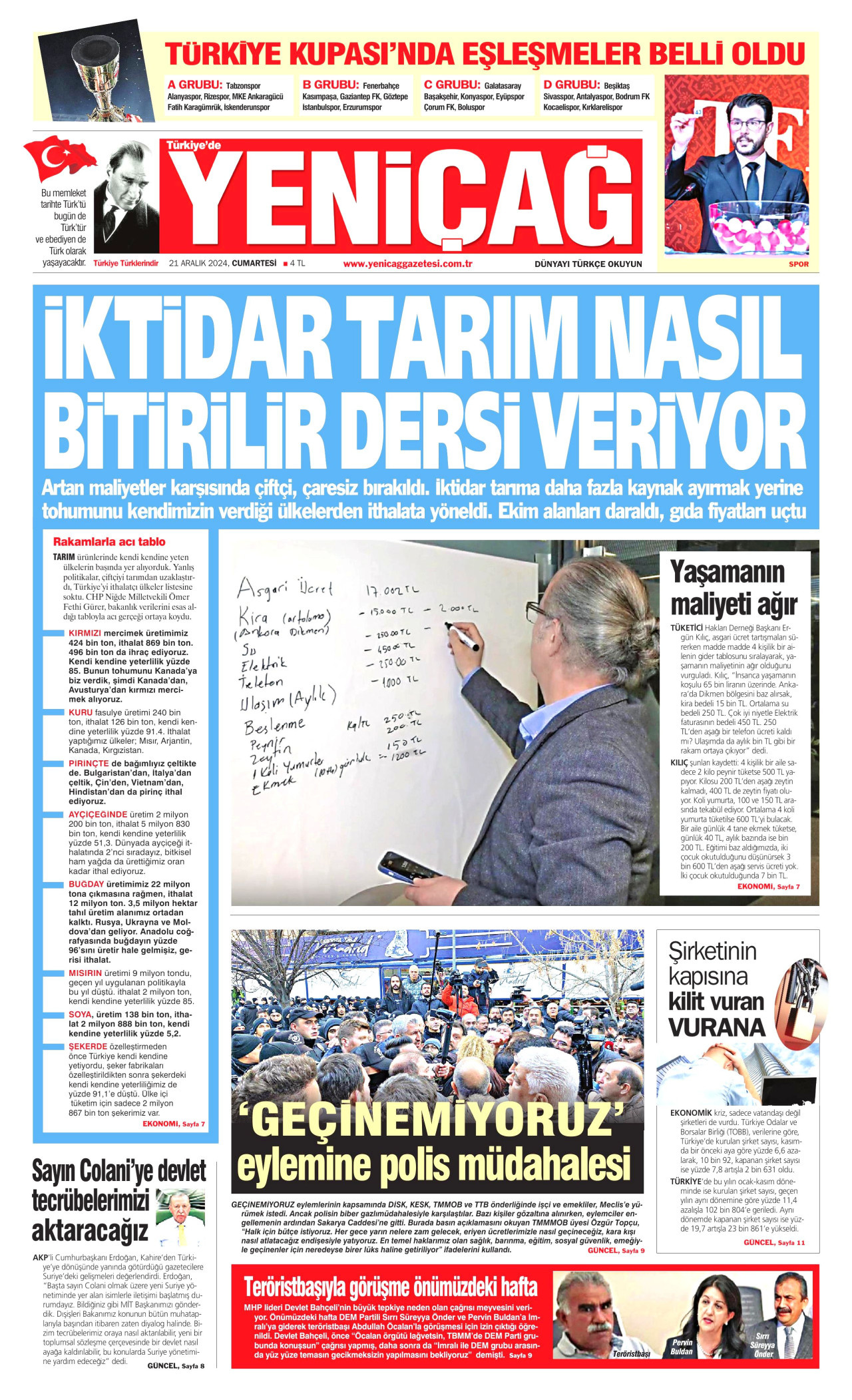 YENİÇAĞ gazetesinin 21 Aralık 2024 tarihli birinci sayfası