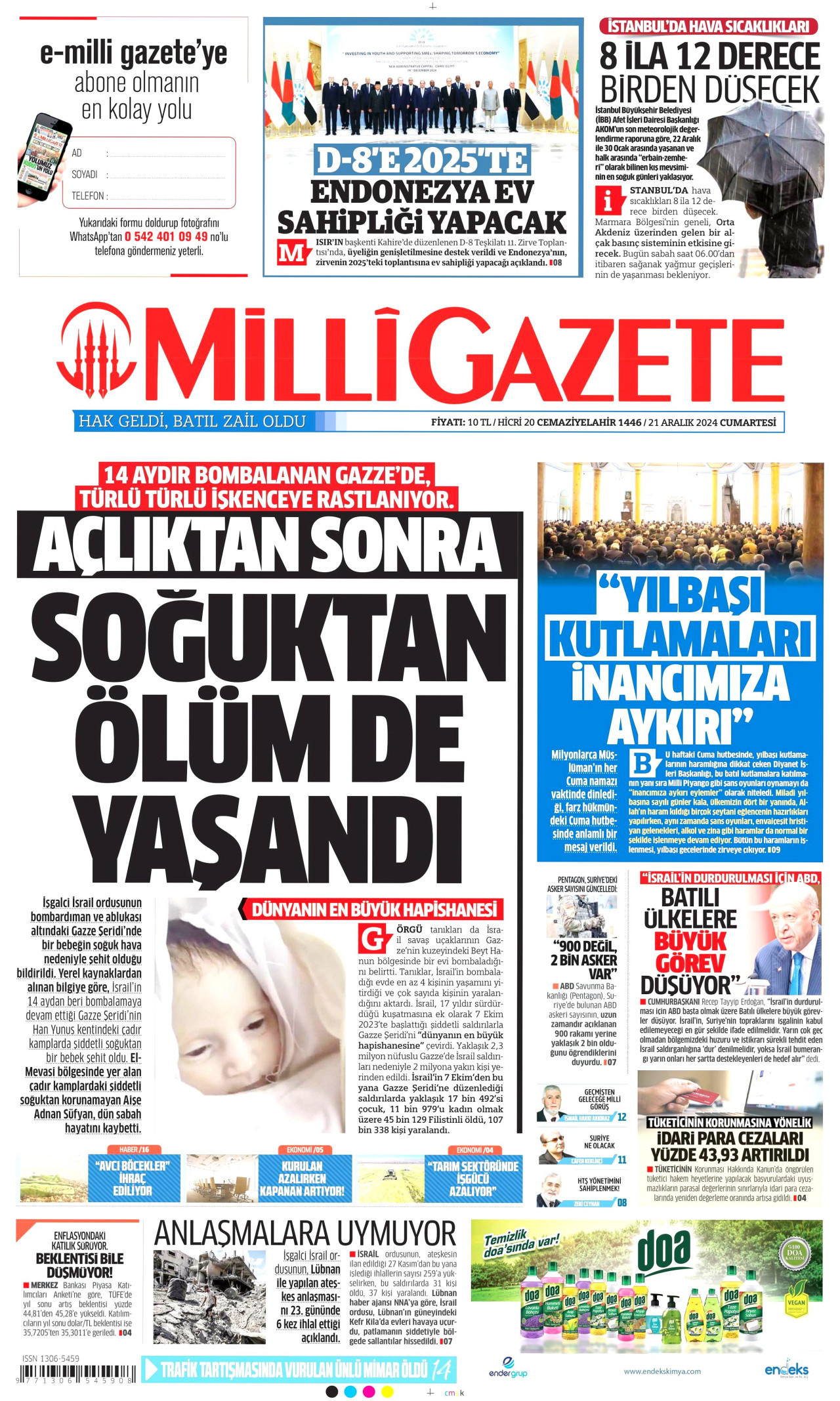 MİLLİ GAZETE gazetesinin 21 Aralık 2024 tarihli birinci sayfası