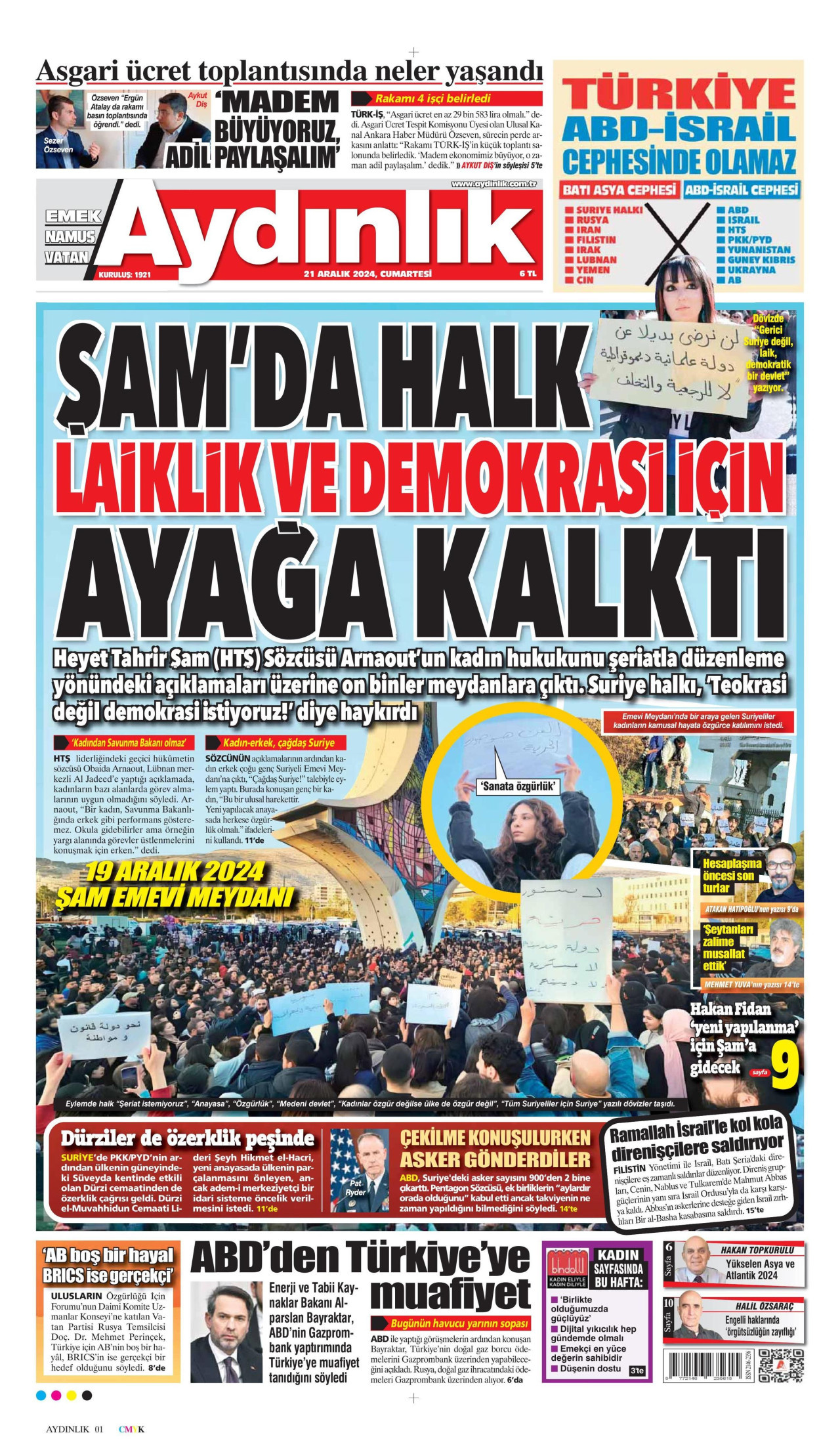 AYDINLIK GAZETESİ gazetesinin 21 Aralık 2024 tarihli birinci sayfası