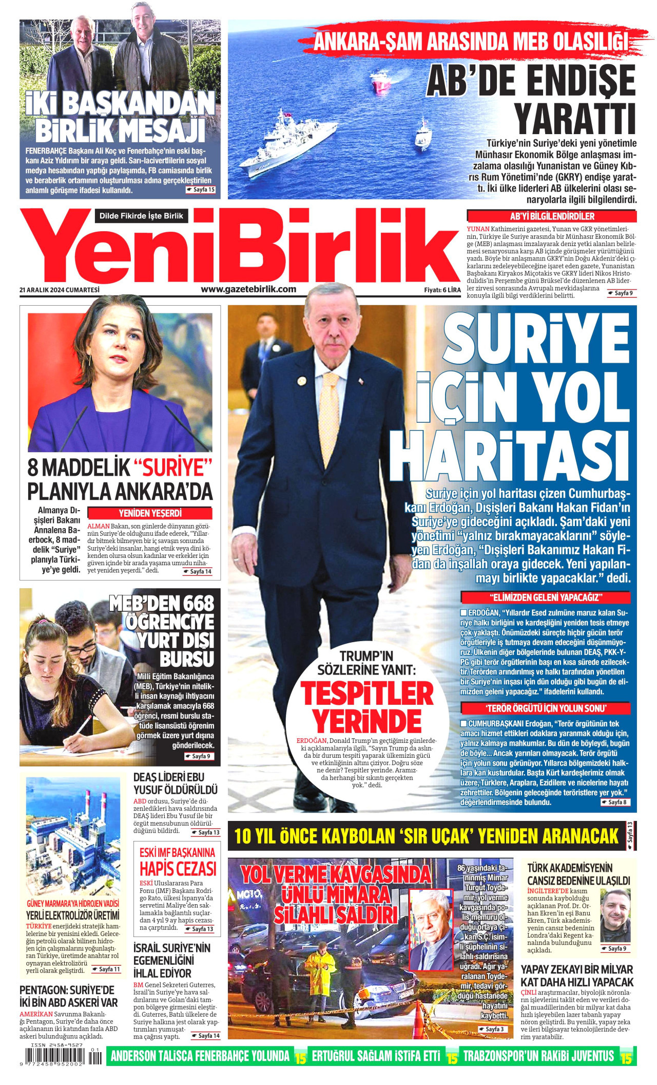 YENİBİRLİK gazetesinin 21 Aralık 2024 tarihli birinci sayfası