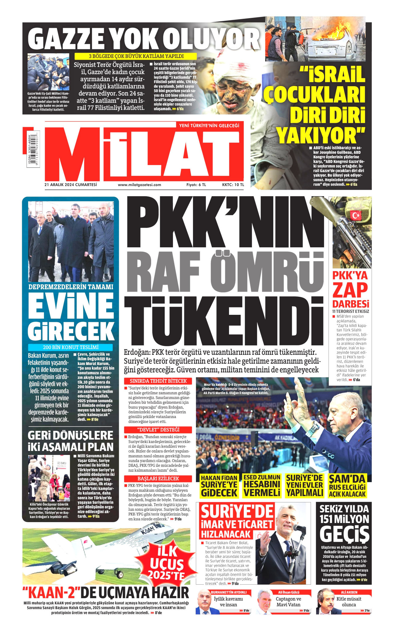 MİLAT gazetesinin 21 Aralık 2024 tarihli birinci sayfası