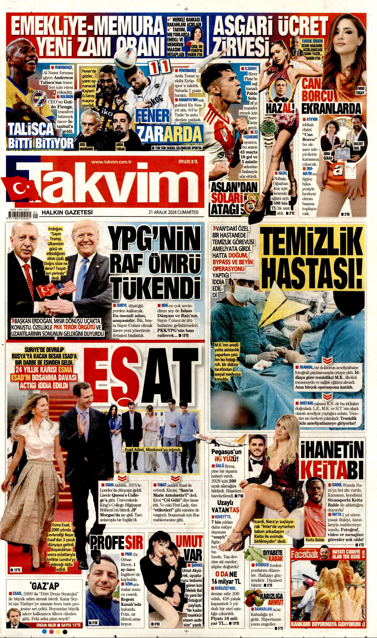 TAKVİM gazetesinin 21 Aralık 2024 tarihli birinci sayfası
