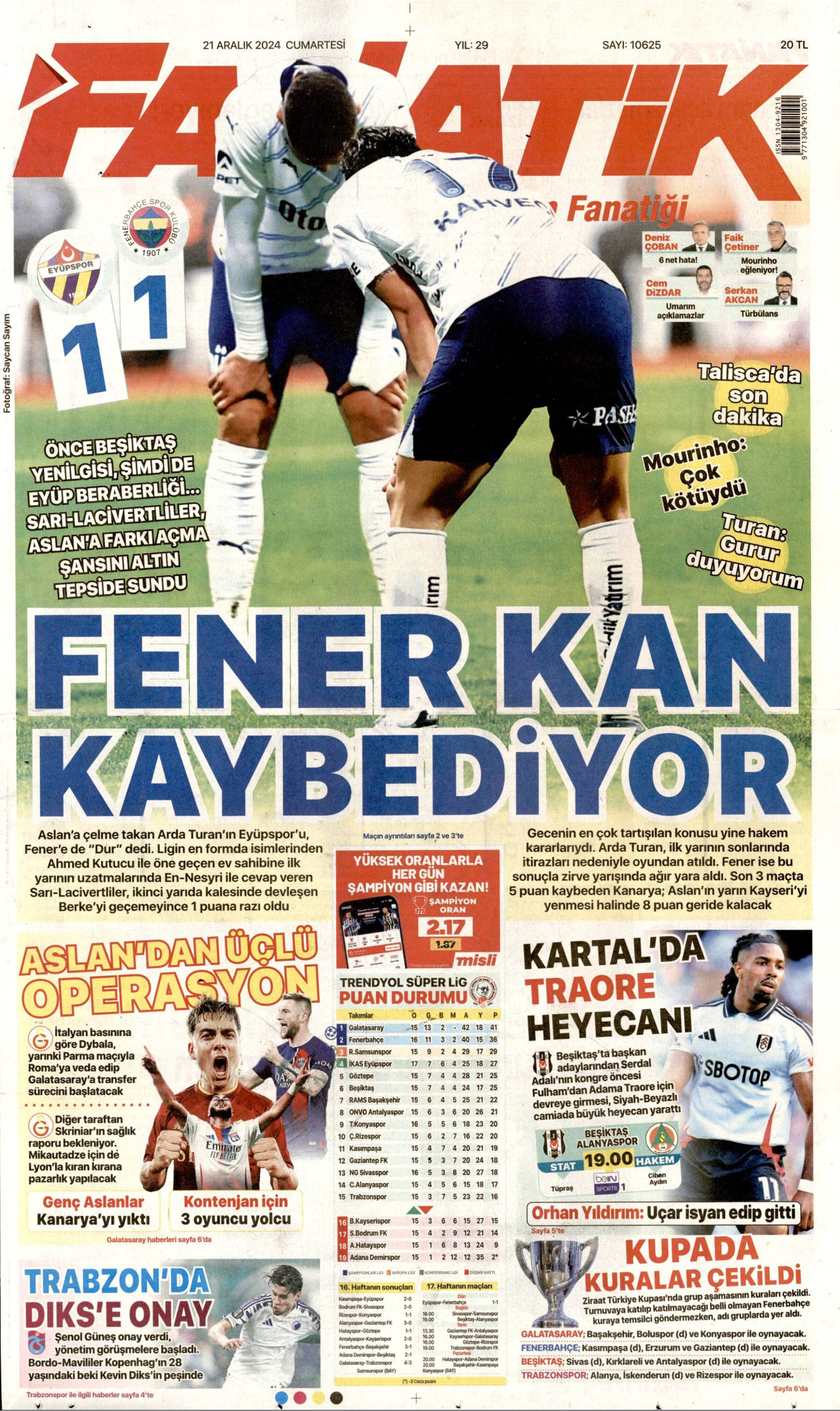 FANATİK gazetesinin 21 Aralık 2024 tarihli birinci sayfası