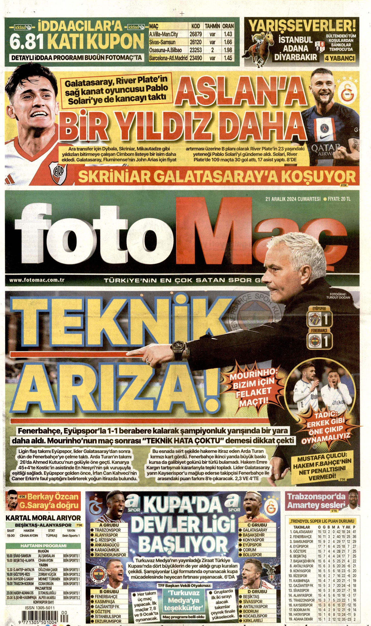 FOTOMAÇ gazetesinin 21 Aralık 2024 tarihli birinci sayfası