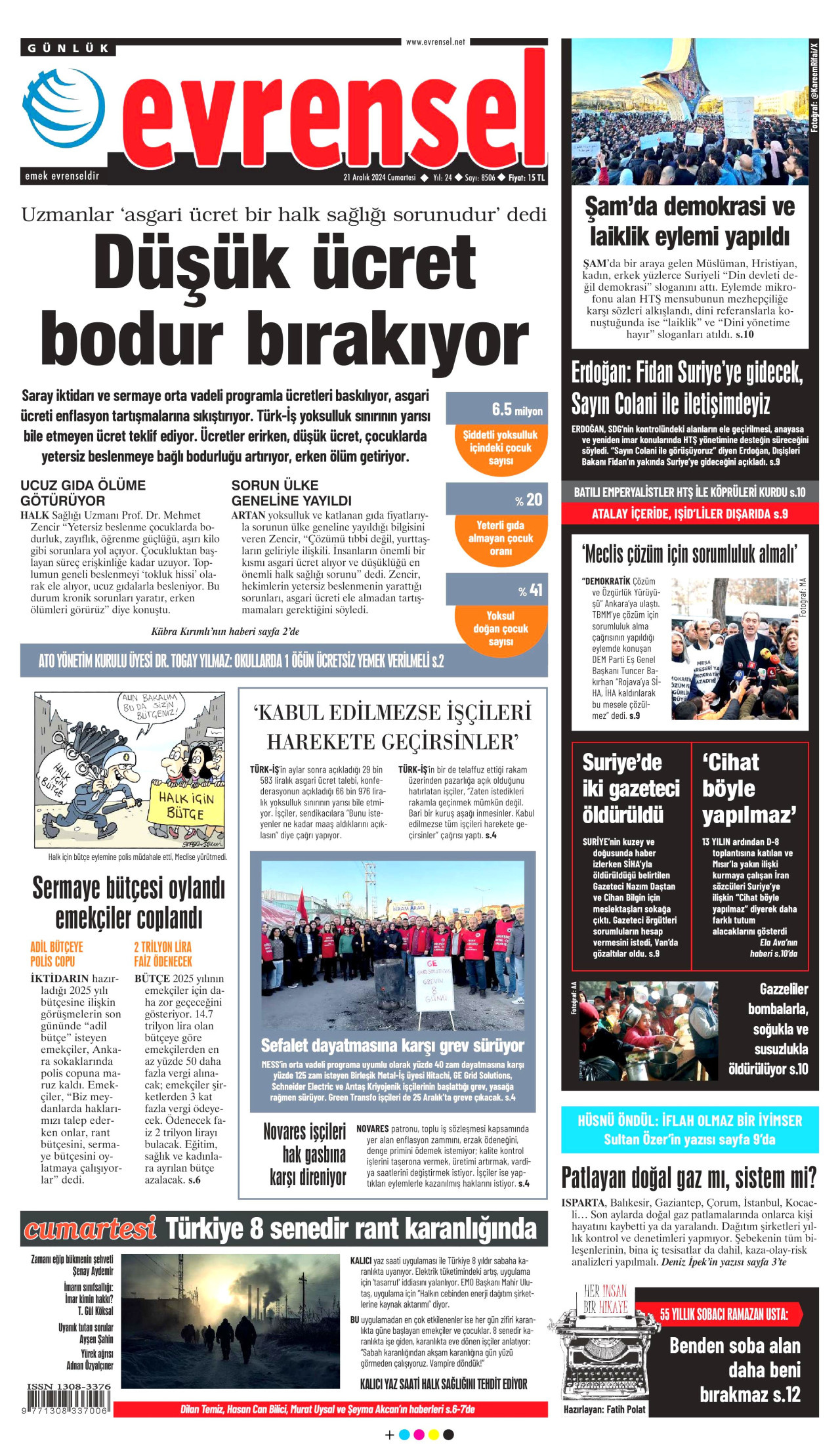 EVRENSEL gazetesinin 21 Aralık 2024 tarihli birinci sayfası