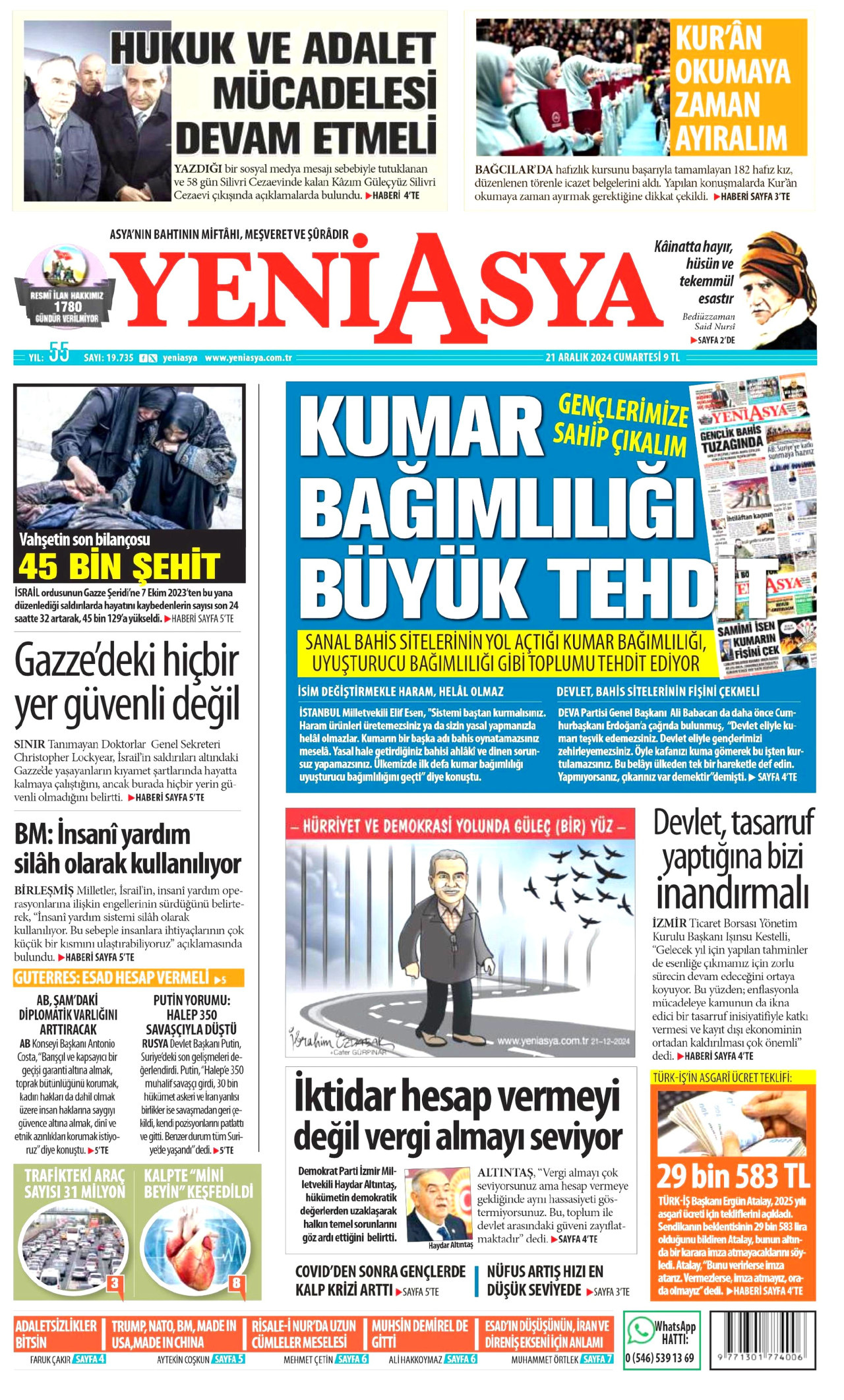 YENİ ASYA gazetesinin 21 Aralık 2024 tarihli birinci sayfası