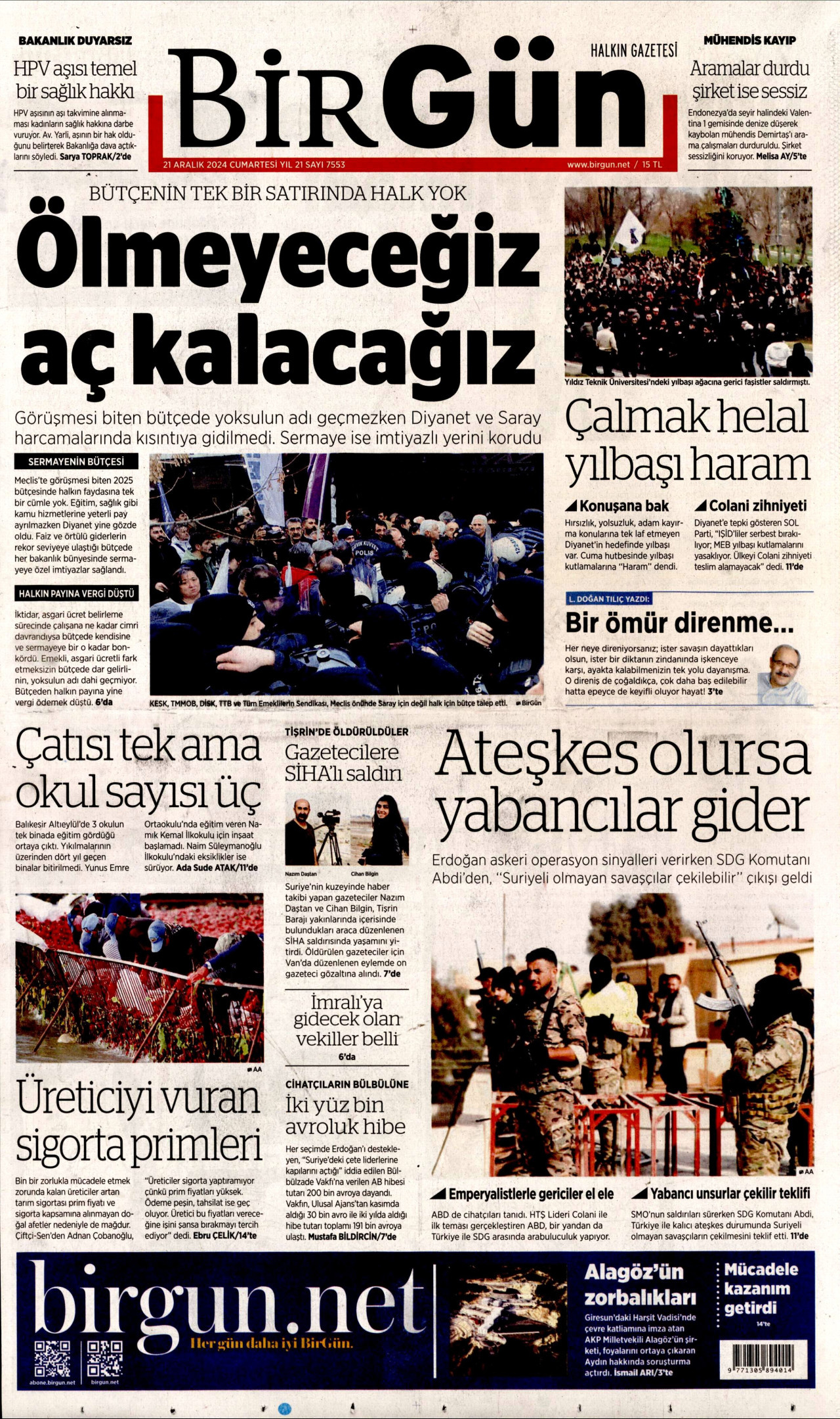 BİRGÜN gazetesinin 21 Aralık 2024 tarihli birinci sayfası