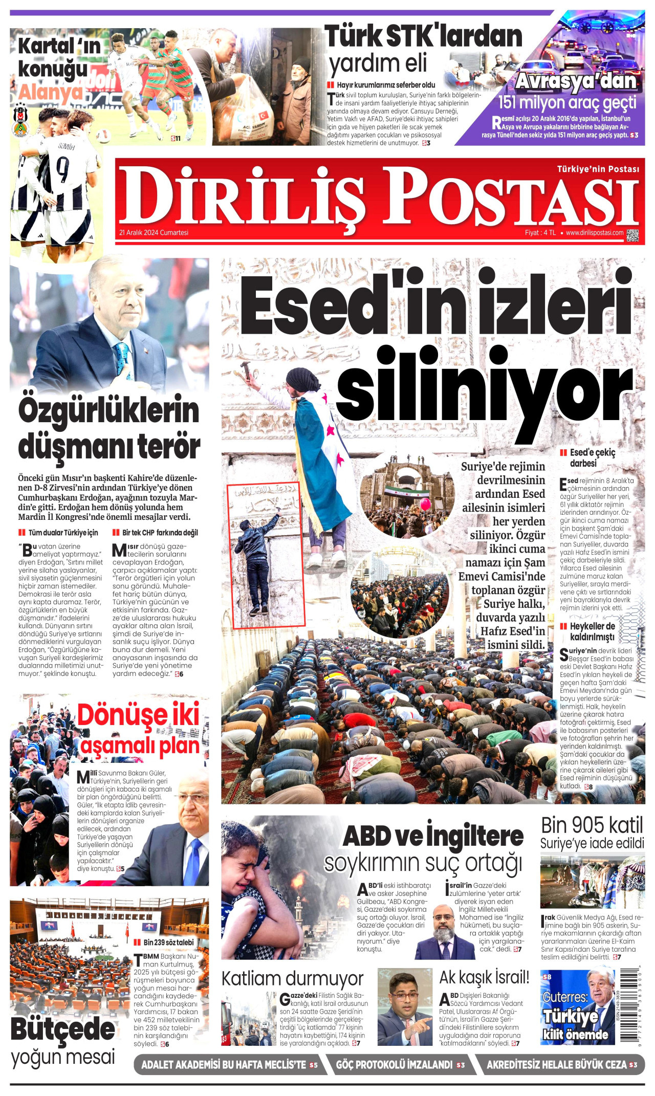 DİRİLİŞ POSTASI gazetesinin 21 Aralık 2024 tarihli birinci sayfası
