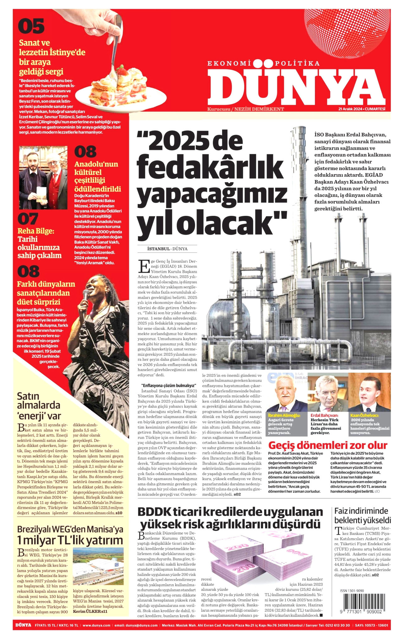 DÜNYA gazetesinin 21 Aralık 2024 tarihli birinci sayfası