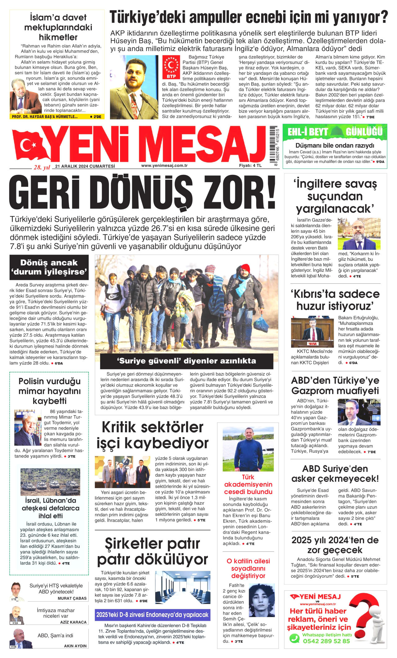 YENİ MESAJ gazetesinin 21 Aralık 2024 tarihli birinci sayfası
