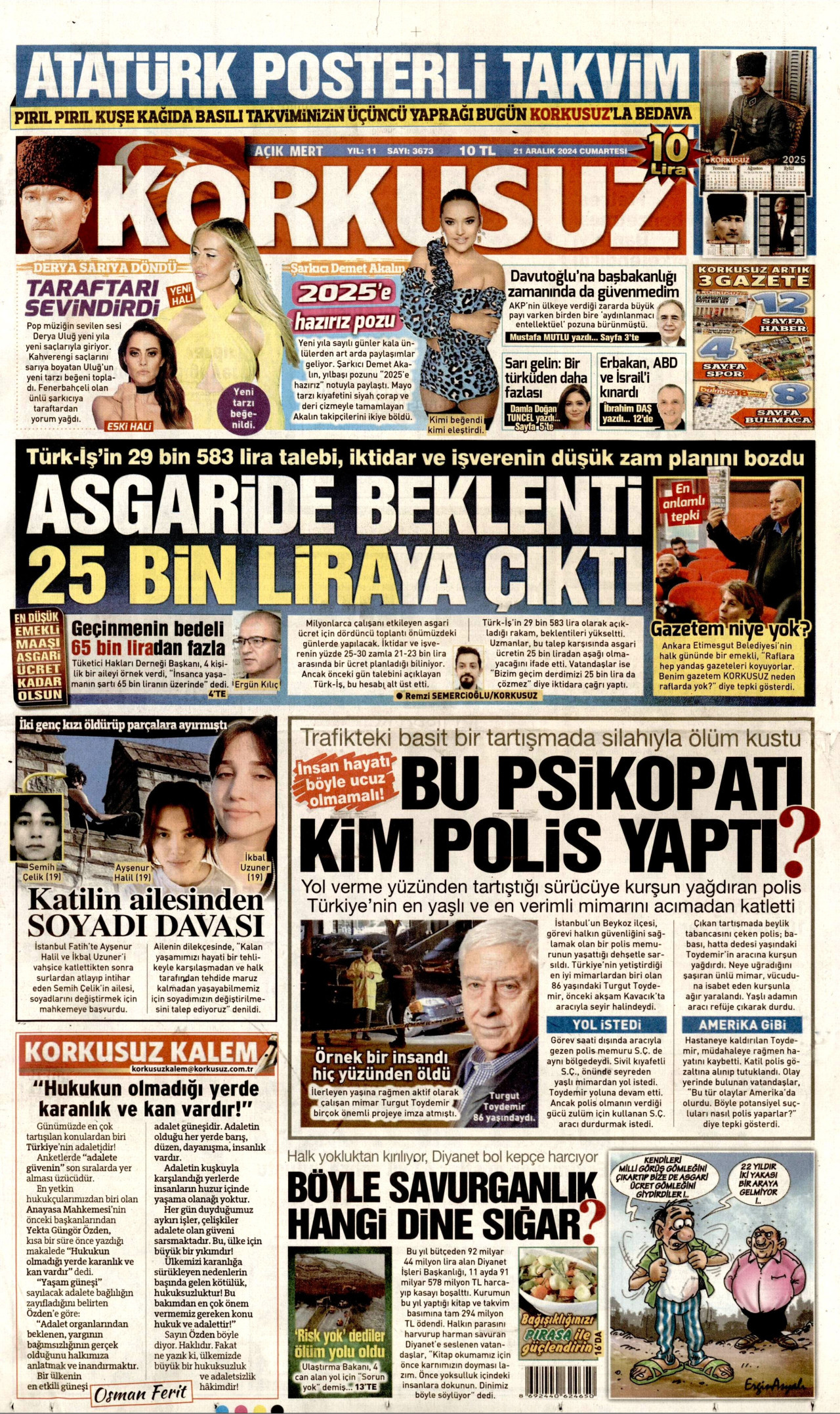 KORKUSUZ gazetesinin 21 Aralık 2024 tarihli birinci sayfası