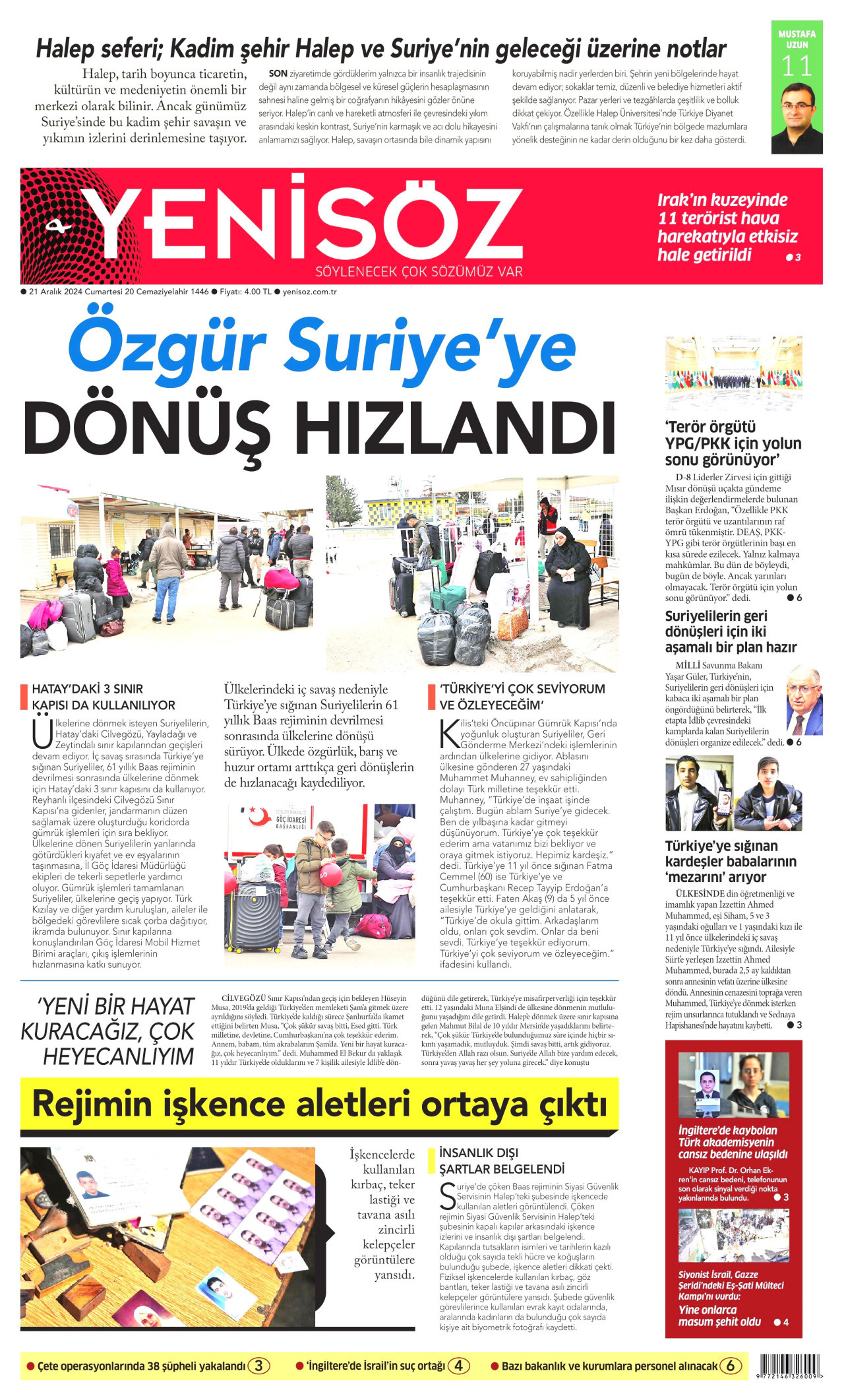 YENİ SÖZ GAZETESİ gazetesinin 21 Aralık 2024 tarihli birinci sayfası