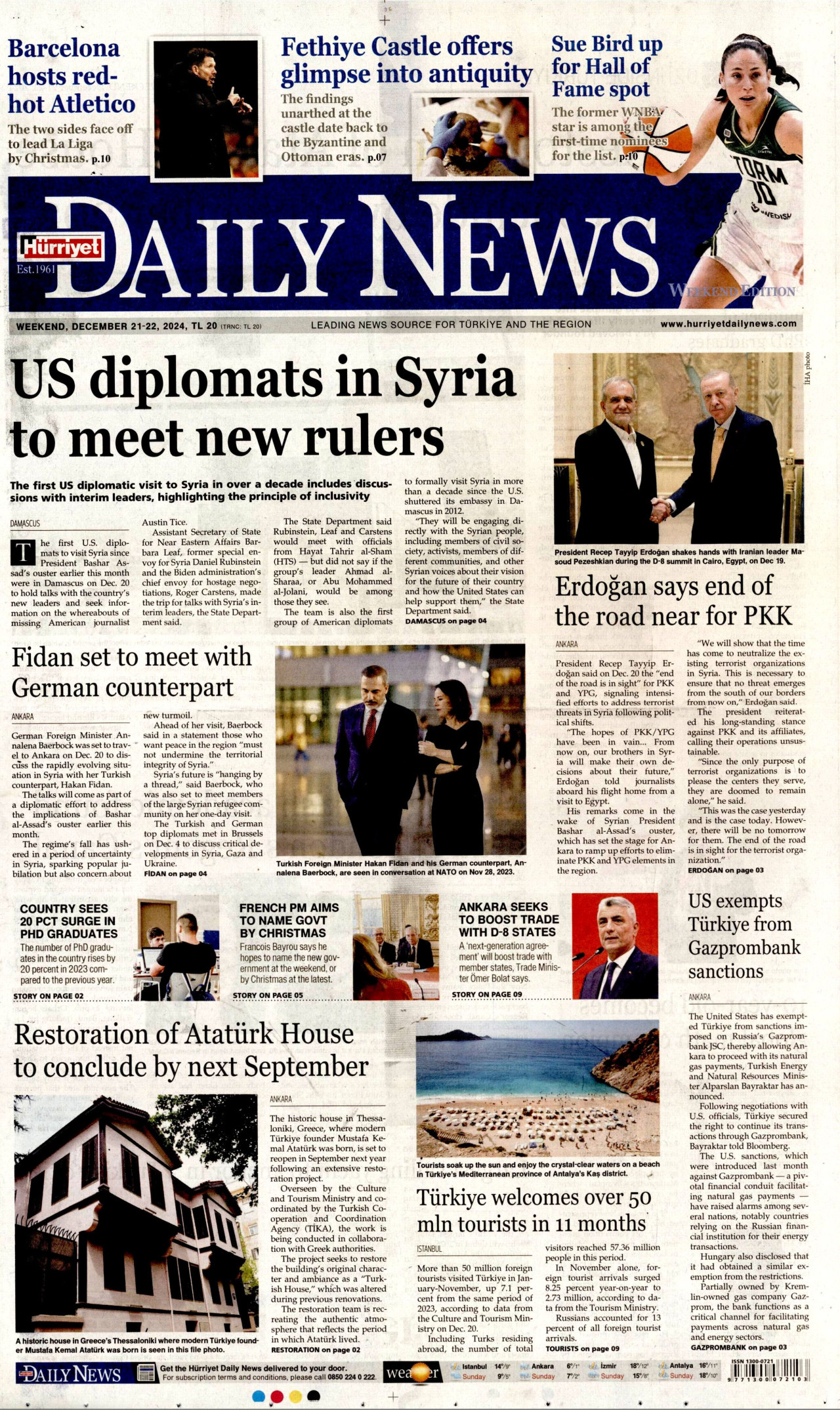 HÜRRİYET DAİLY NEWS gazetesinin 21 Aralık 2024 tarihli birinci sayfası