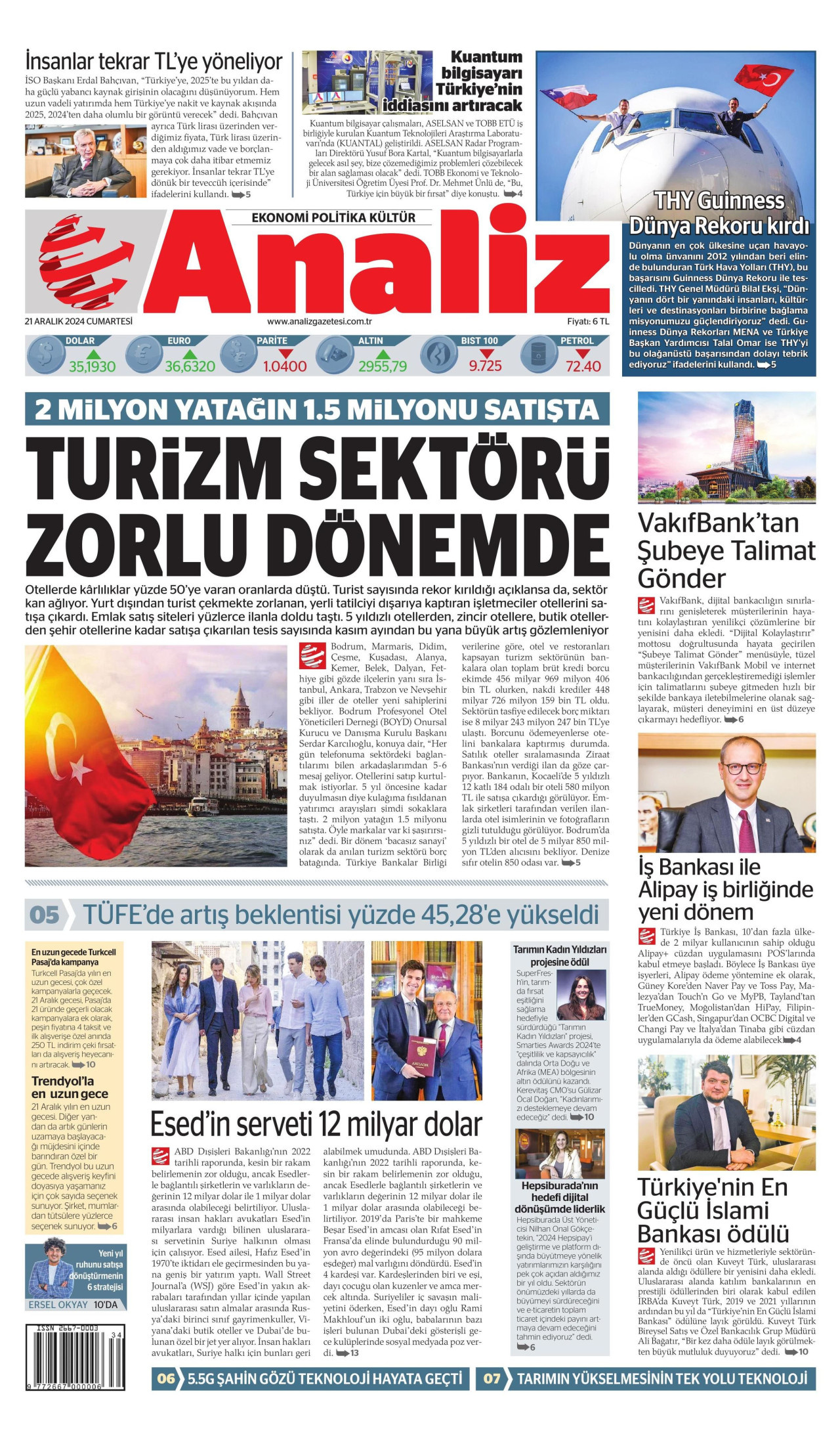 ANALİZ gazetesinin 21 Aralık 2024 tarihli birinci sayfası