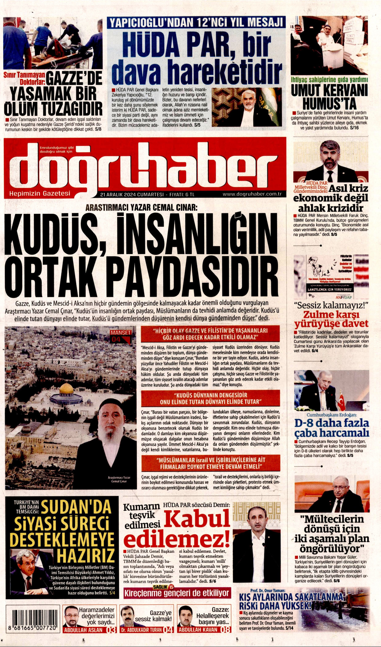 DOĞRU HABER gazetesinin 21 Aralık 2024 tarihli birinci sayfası