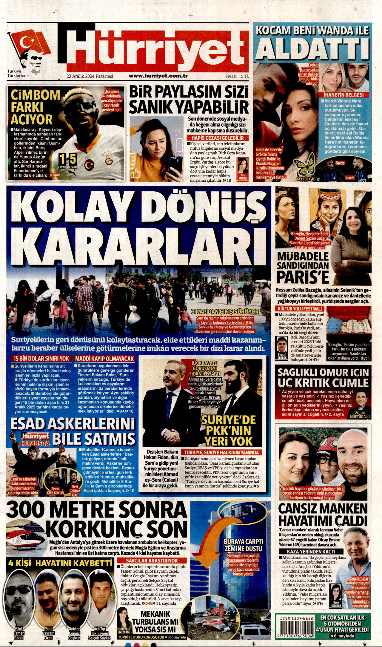 HÜRRİYET gazetesinin 23 Aralık 2024 tarihli birinci sayfası