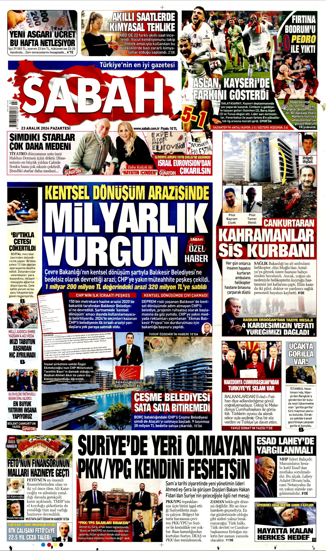 SABAH gazetesinin 23 Aralık 2024 tarihli birinci sayfası