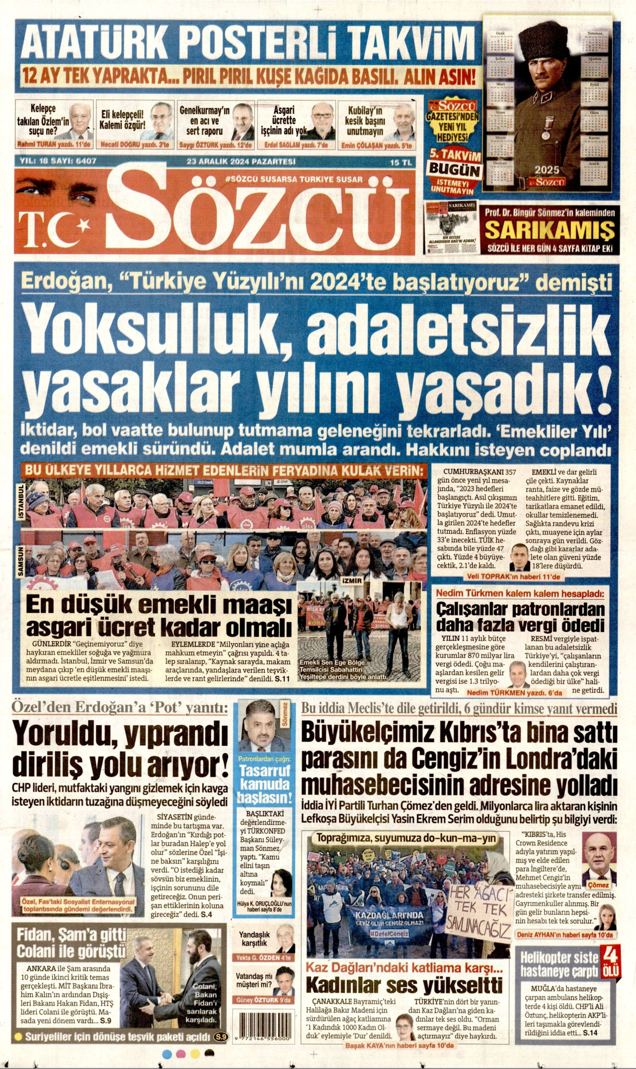 SÖZCÜ gazetesinin 23 Aralık 2024 tarihli birinci sayfası
