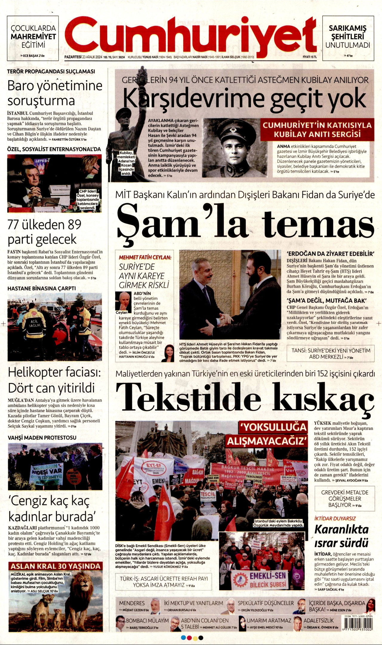 CUMHURİYET gazetesinin 23 Aralık 2024 tarihli birinci sayfası