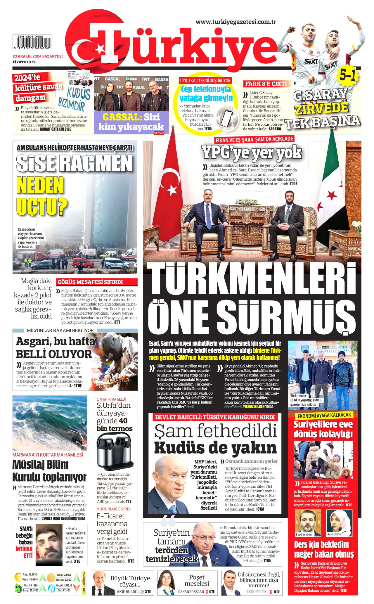 TÜRKİYE GAZETESİ gazetesinin 23 Aralık 2024 tarihli birinci sayfası