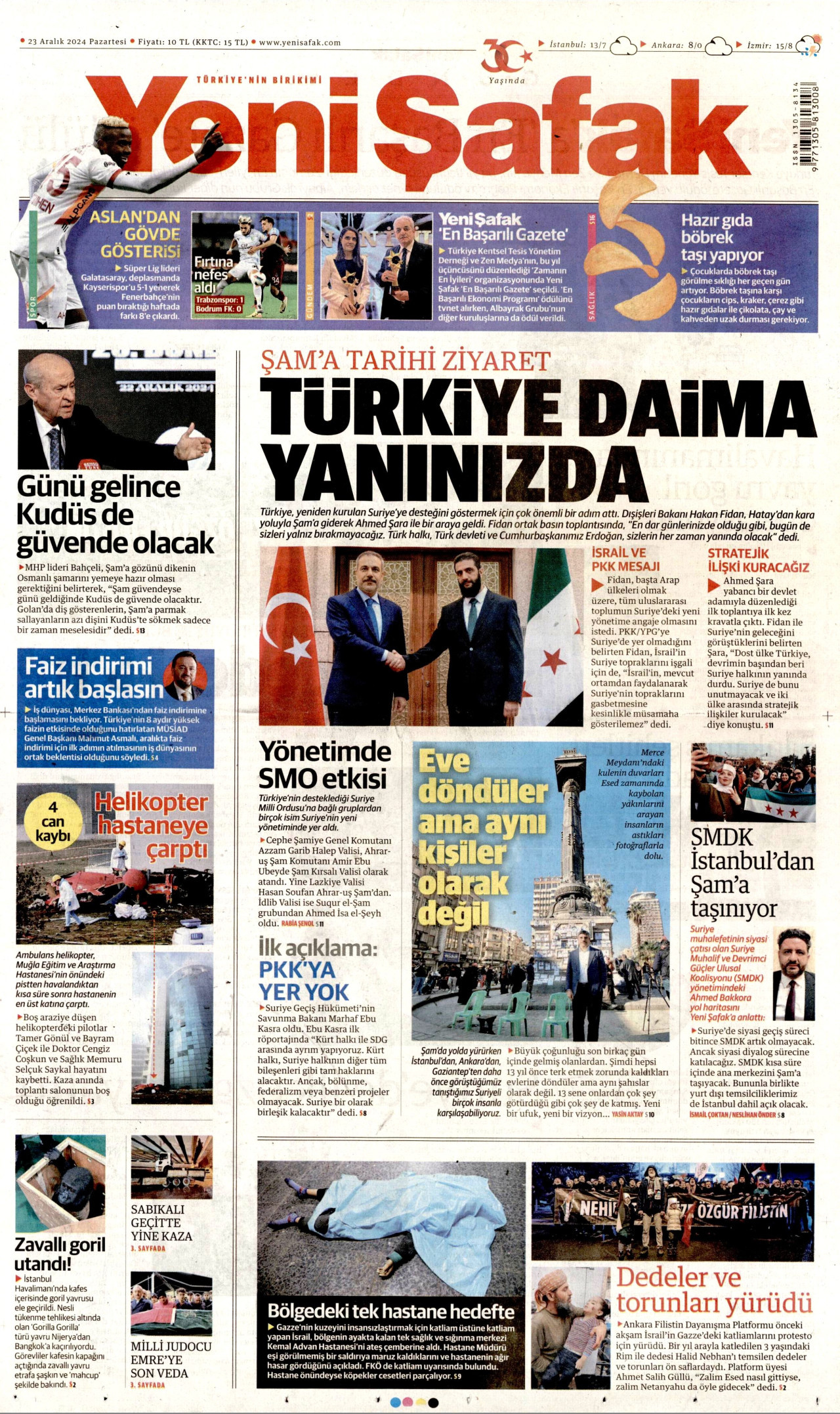 YENİ ŞAFAK gazetesinin 23 Aralık 2024 tarihli birinci sayfası