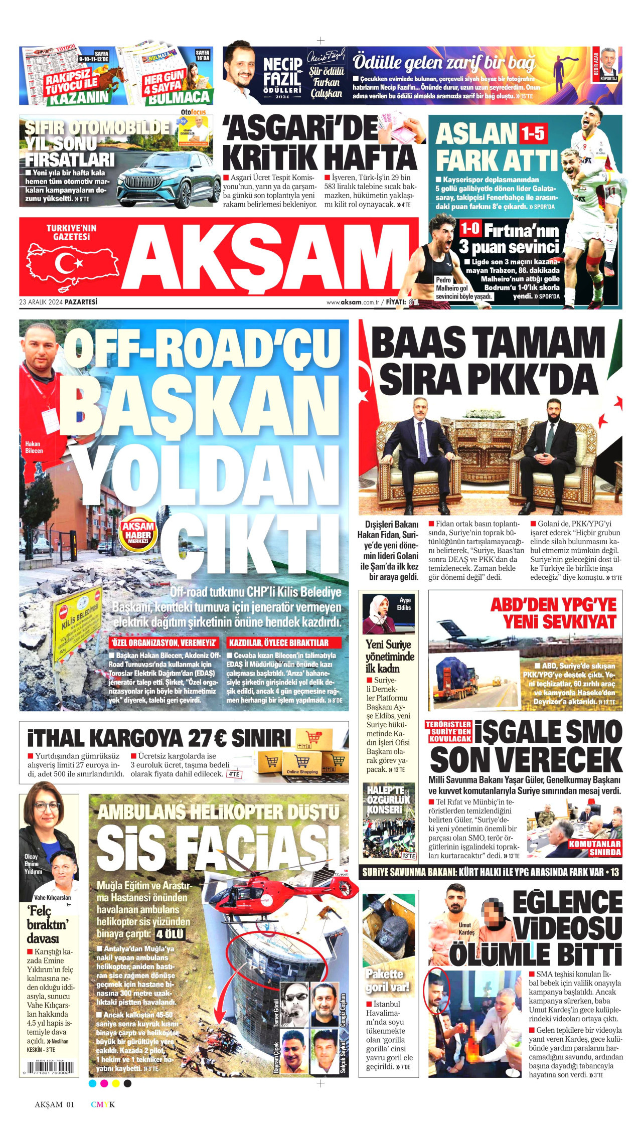 AKŞAM gazetesinin 23 Aralık 2024 tarihli birinci sayfası
