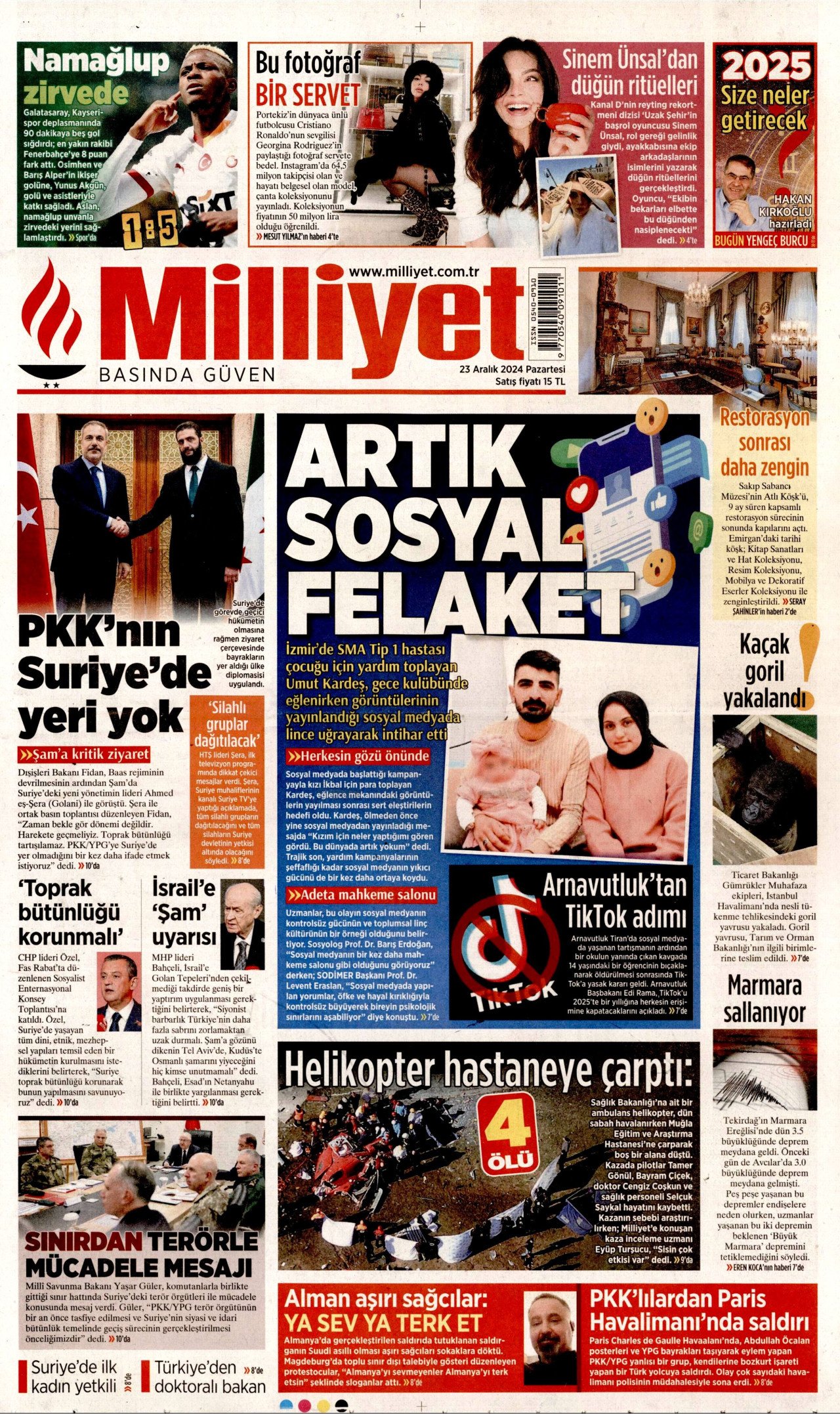 MİLLİYET gazetesinin 23 Aralık 2024 tarihli birinci sayfası