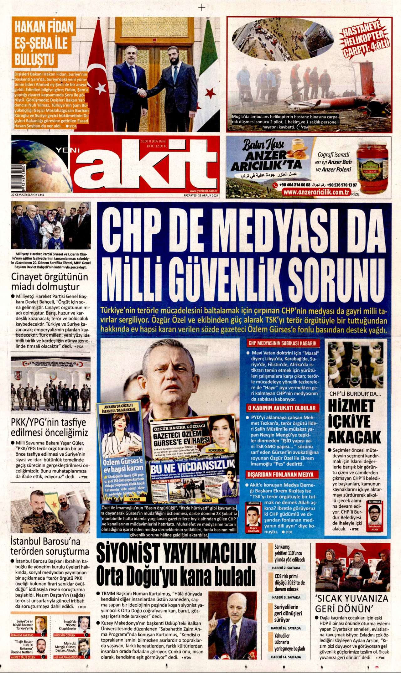 YENİ AKİT gazetesinin 23 Aralık 2024 tarihli birinci sayfası