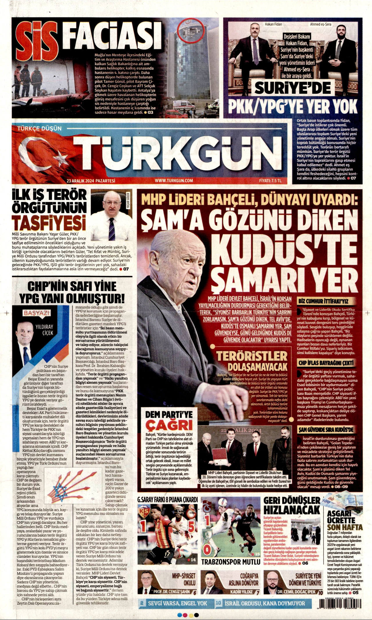 TÜRKGÜN gazetesinin 23 Aralık 2024 tarihli birinci sayfası