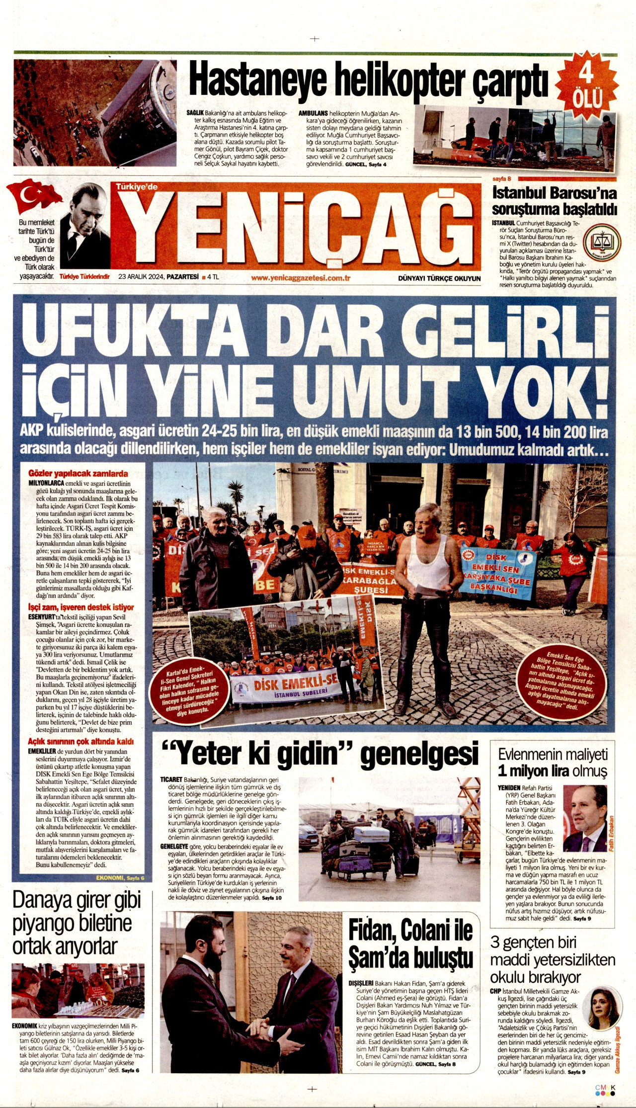 YENİÇAĞ gazetesinin 23 Aralık 2024 tarihli birinci sayfası