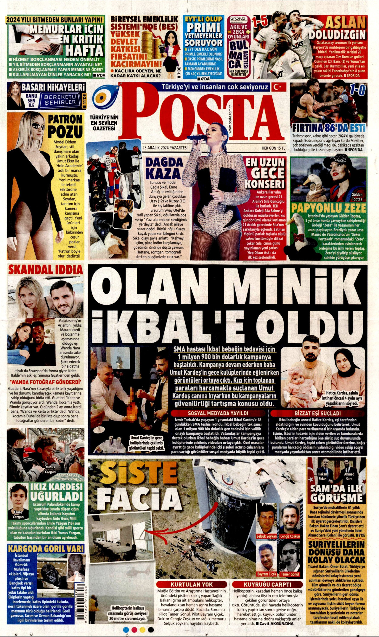 POSTA gazetesinin 23 Aralık 2024 tarihli birinci sayfası